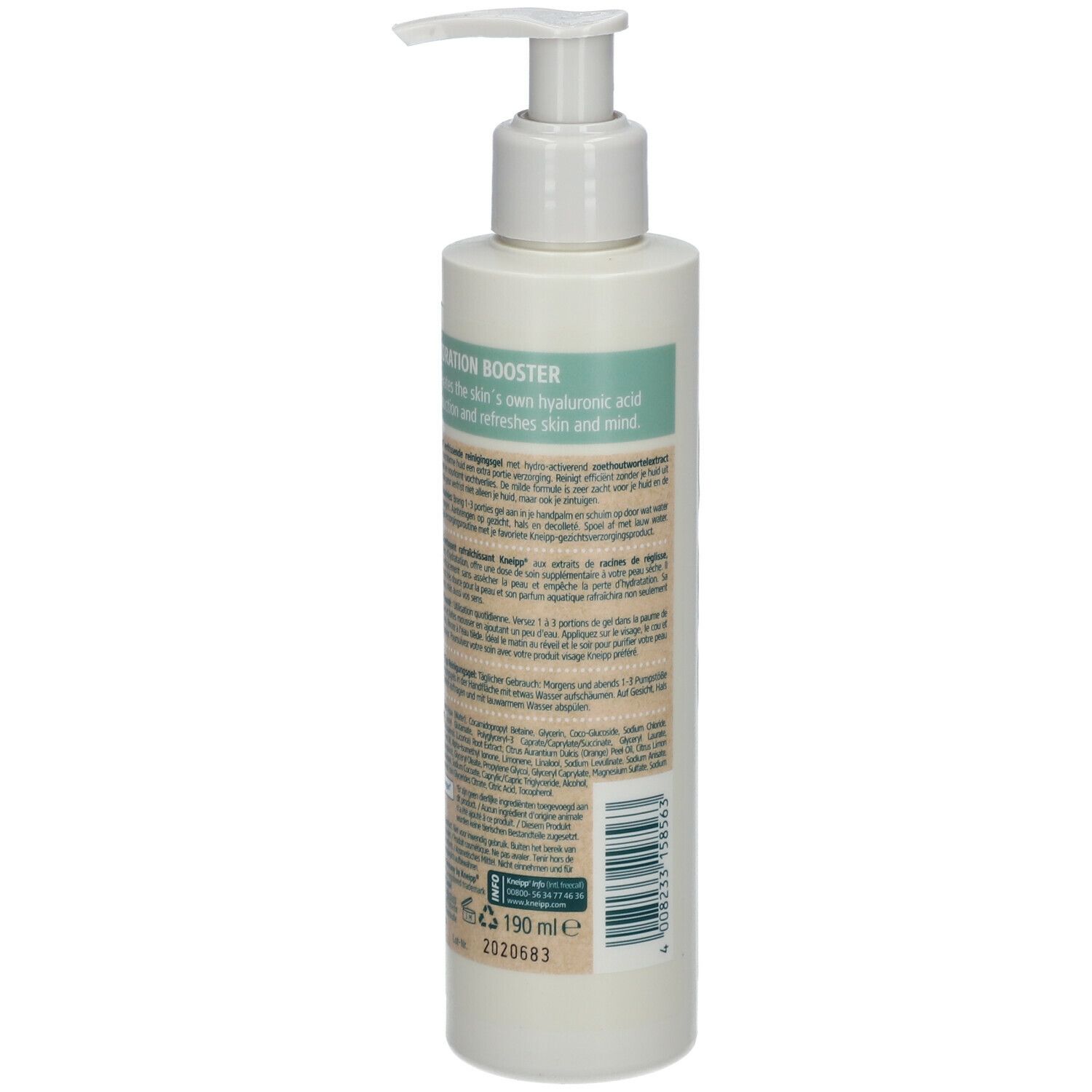 Beige fles met pomp. Tekst op de achterkant. 190 ml. 2020583. Streepjescode. Kneipp Face Care. Hydration Booster. Alle huidtypen.