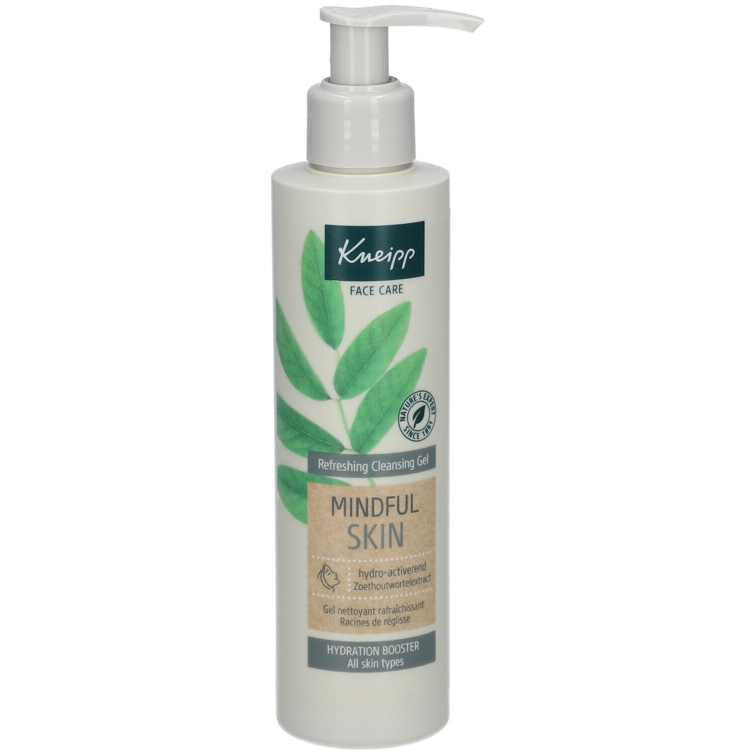 Beige fles met pomp. Opschrift Kneipp, Face Care, Mindful Skin. Groene en witte bladeren. Hydration Booster. Alle huidtypen.