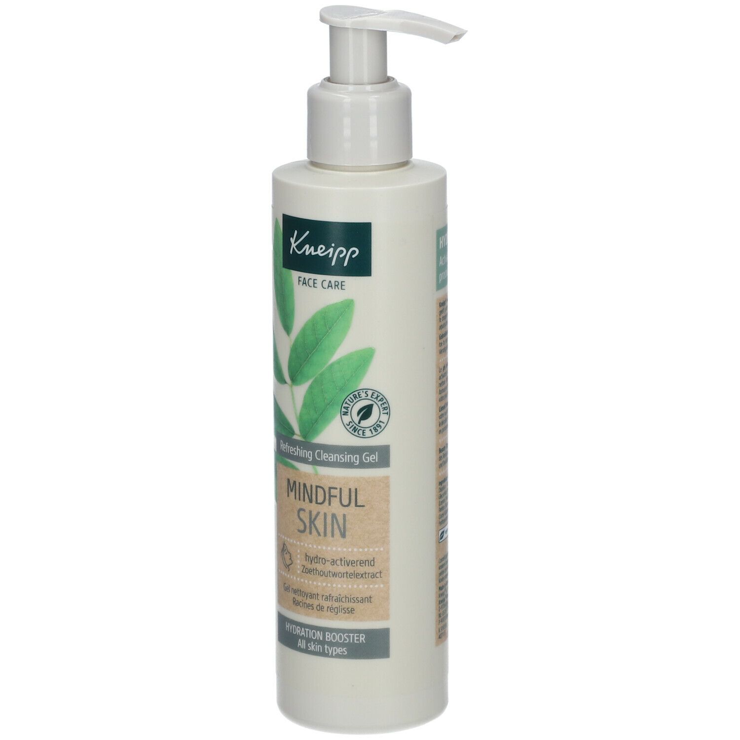 Beige fles met pomp. Opschrift Kneipp, Face Care, Mindful Skin. Groene en witte bladeren. Hydration Booster. Alle huidtypen.