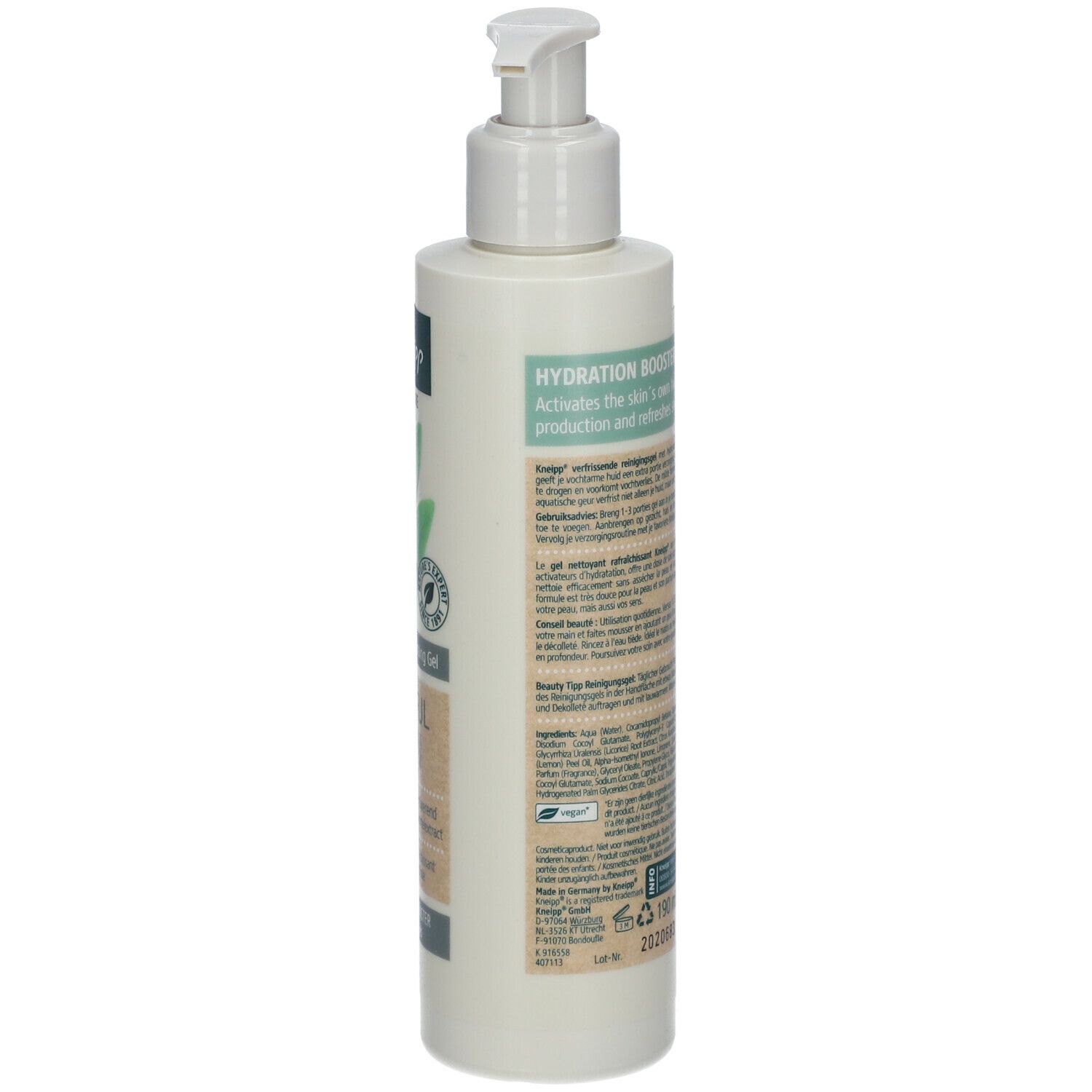 Beige fles met pomp. Tekst op de achterkant. Kneipp Face Care. Hydration Booster. Alle huidtypen. Streepjescode.