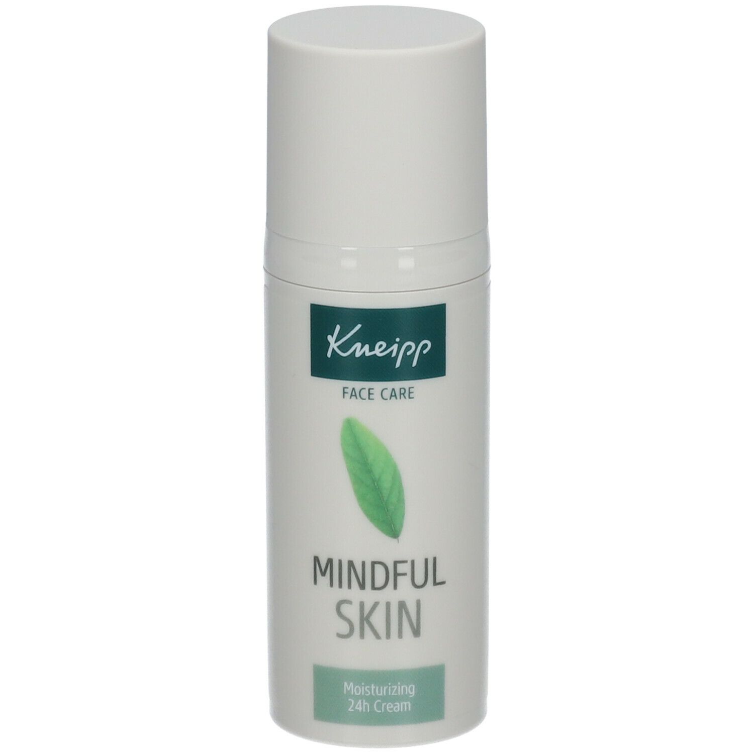Crèmedispenser met witte dop. Opschrift: Kneipp, Mindful Skin, 24h Cream. Groen blad-logo.
