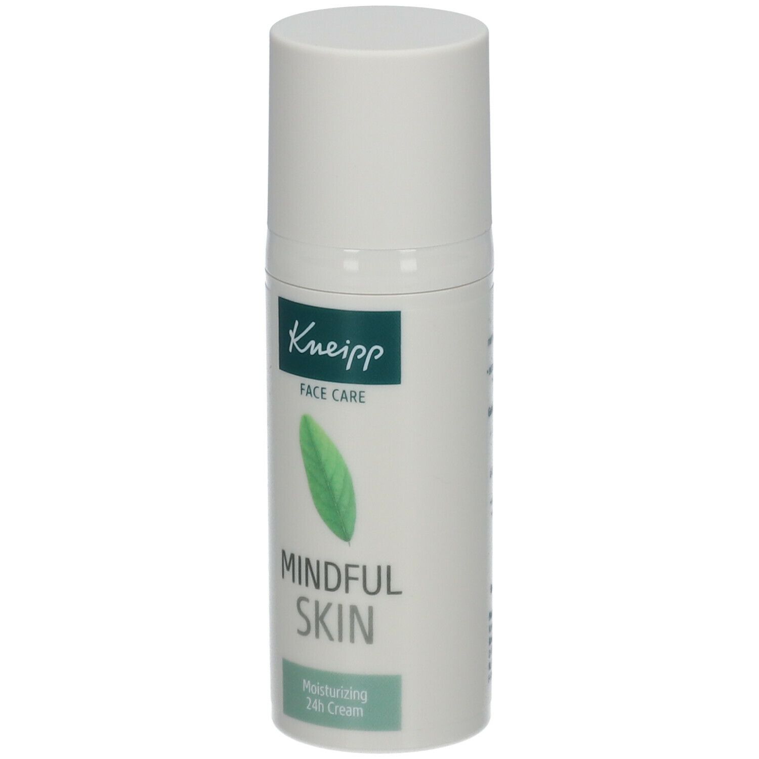 Crèmedispenser met witte dop. Opschrift: Kneipp, Mindful Skin, 24h Cream. Groen blad-logo.