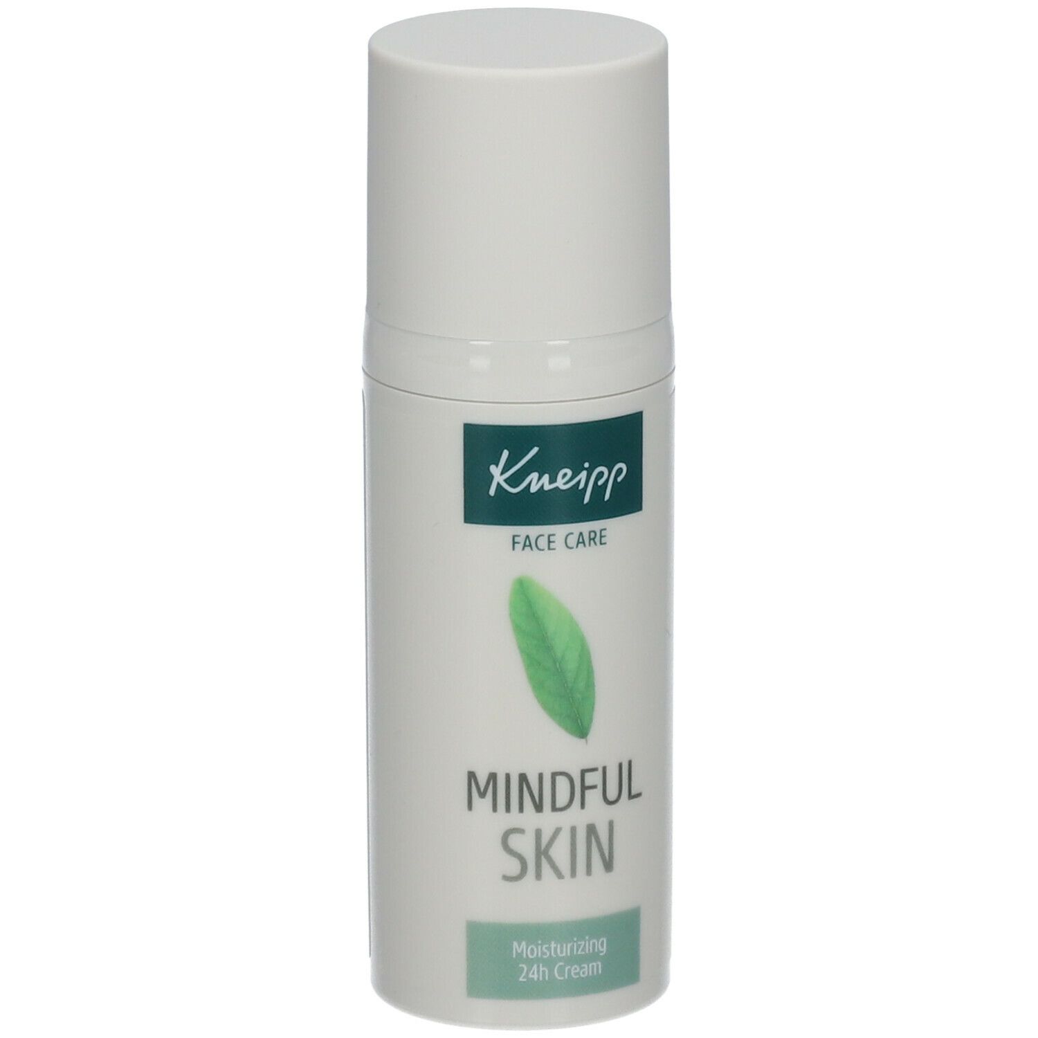 Crèmedispenser met witte dop. Opschrift: Kneipp, Mindful Skin, 24h Cream. Groen blad-logo.