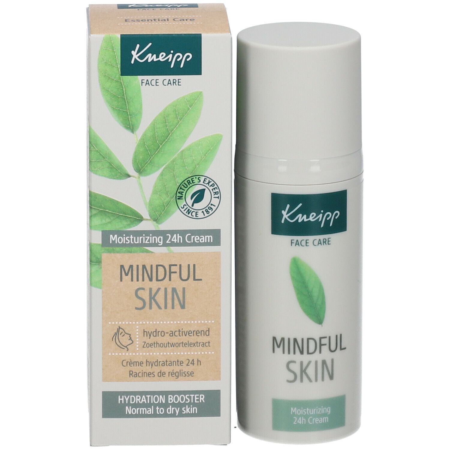 Crèmedispenser met doos. Opschrift: Kneipp, Mindful Skin, 24h Cream. Groen blad-logo. Doos met bladeren.