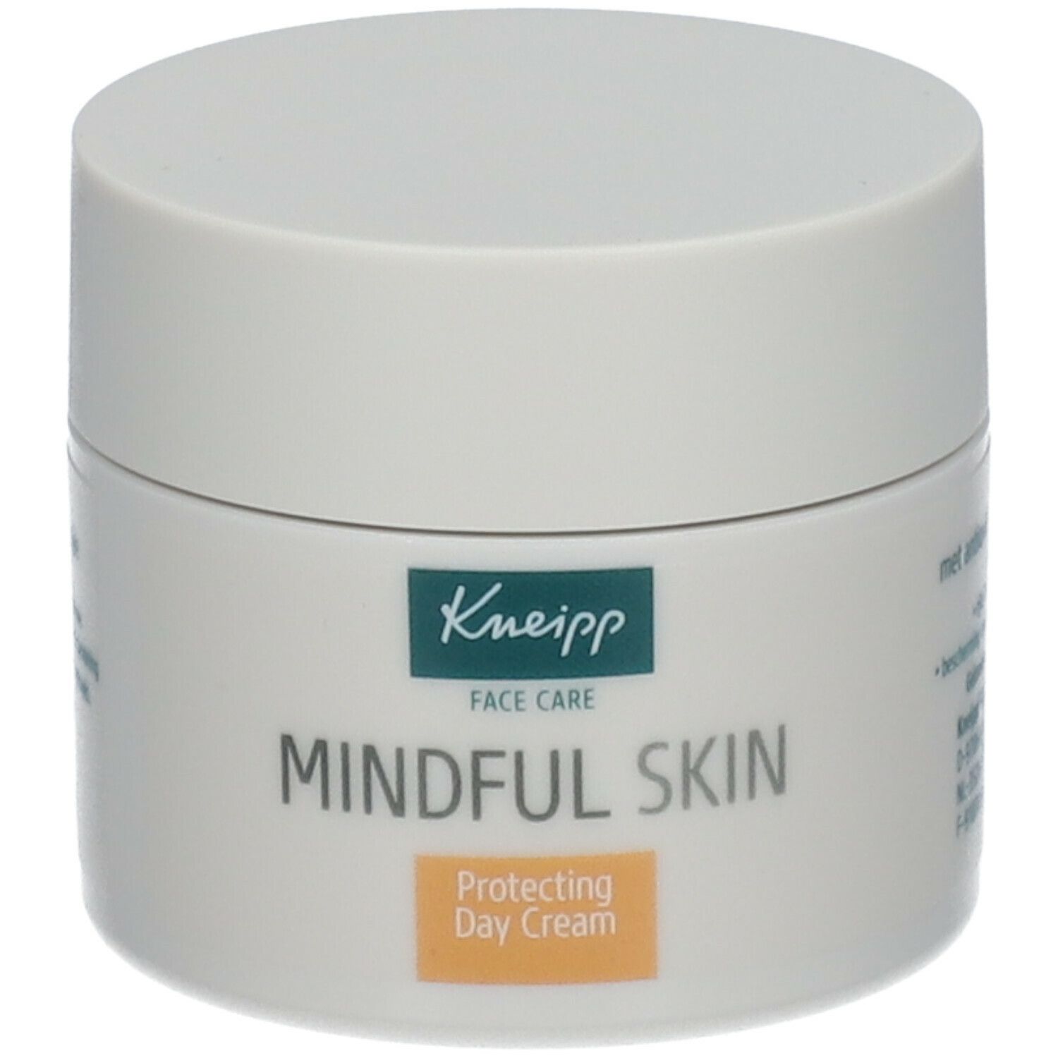 Crèmetube met deksel. Opschrift: Kneipp, Mindful Skin, Protecting Day Cream. Groen logo.