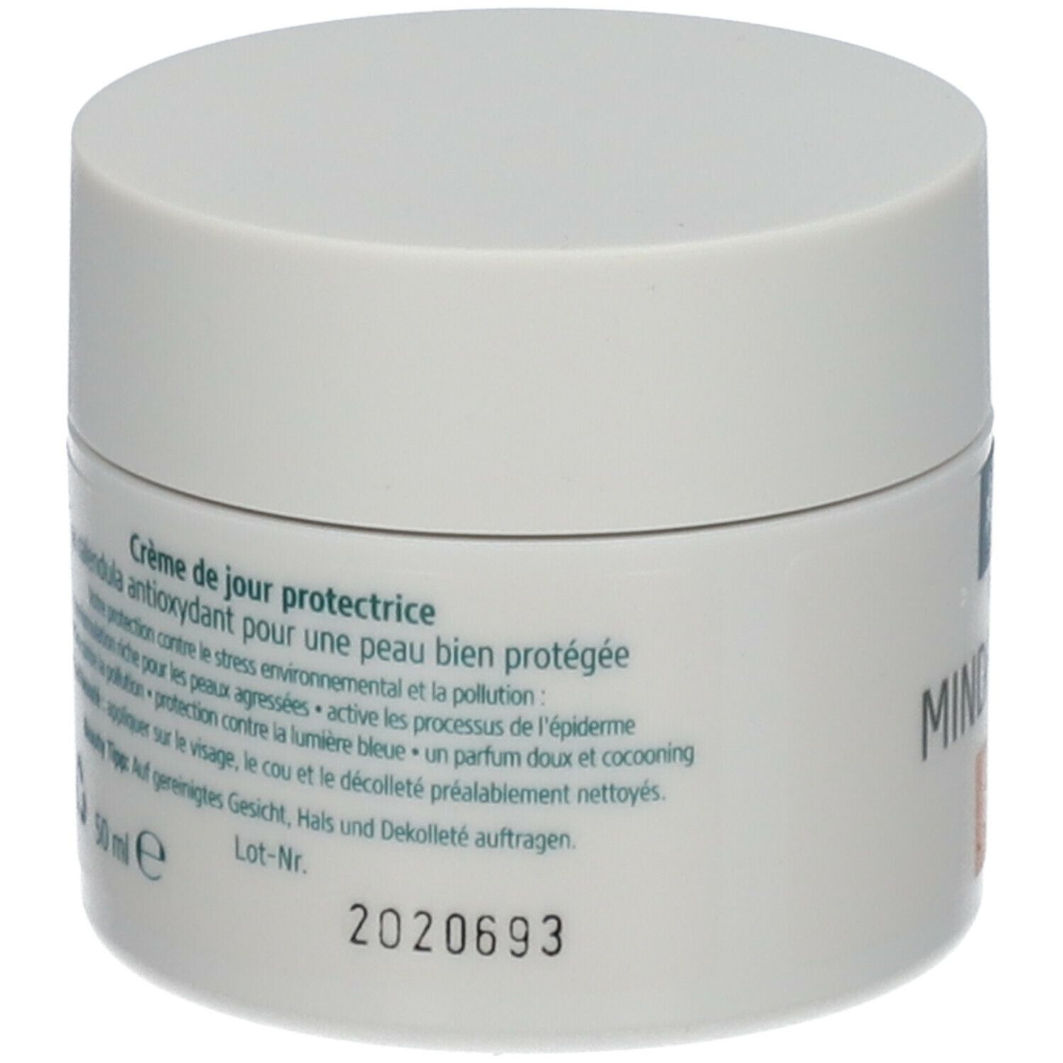 Crèmetube, achterkant met tekst. Opschrift: Crème de jour protectrice, 2020693, 50 ml.