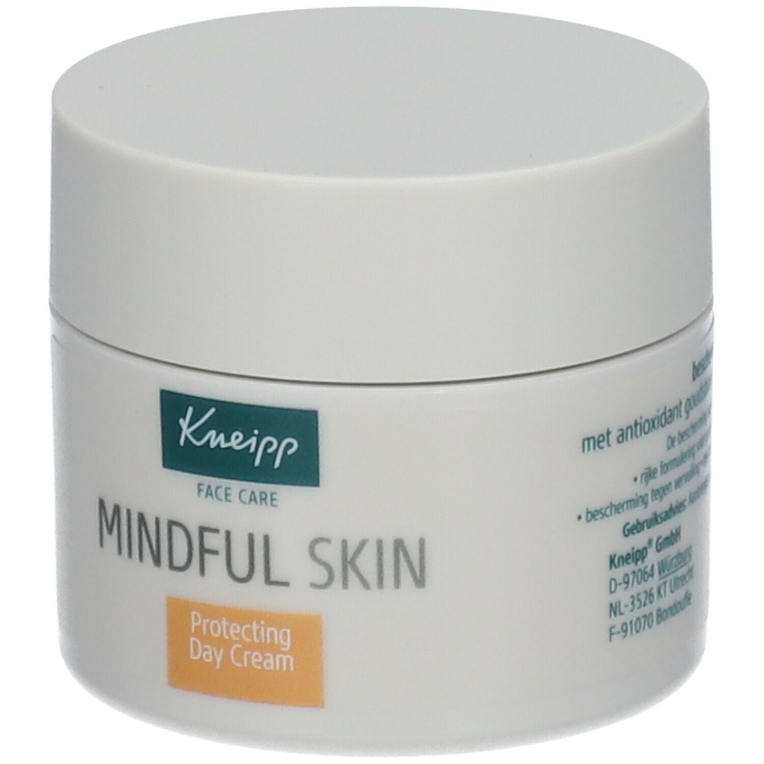 Crèmetube met deksel. Opschrift: Kneipp, Mindful Skin, Protecting Day Cream. Groen logo.