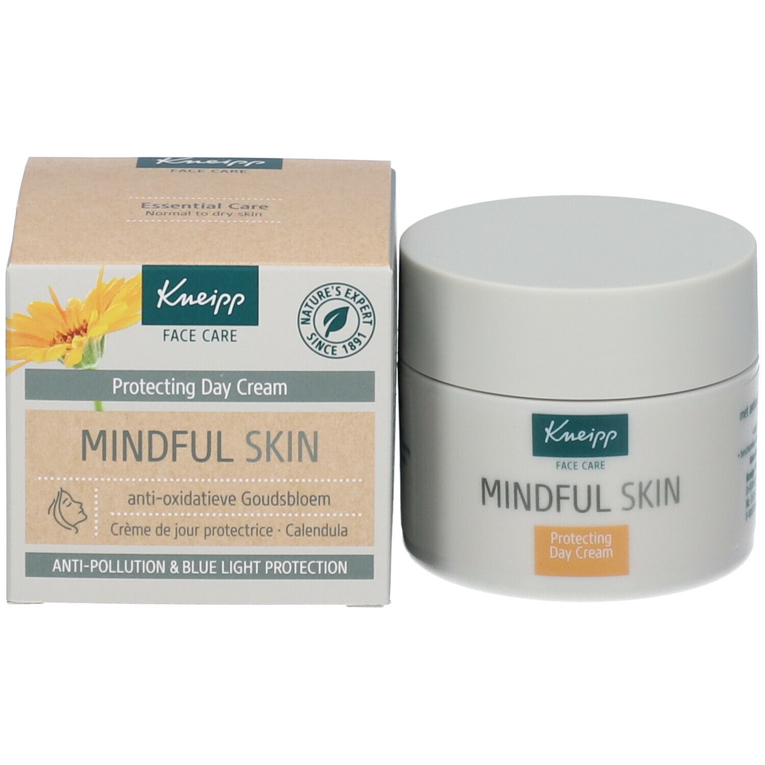 Crèmetube en doos. Opschrift: Kneipp, Mindful Skin, Protecting Day Cream. Anti-Pollution & Blue Light Protection.