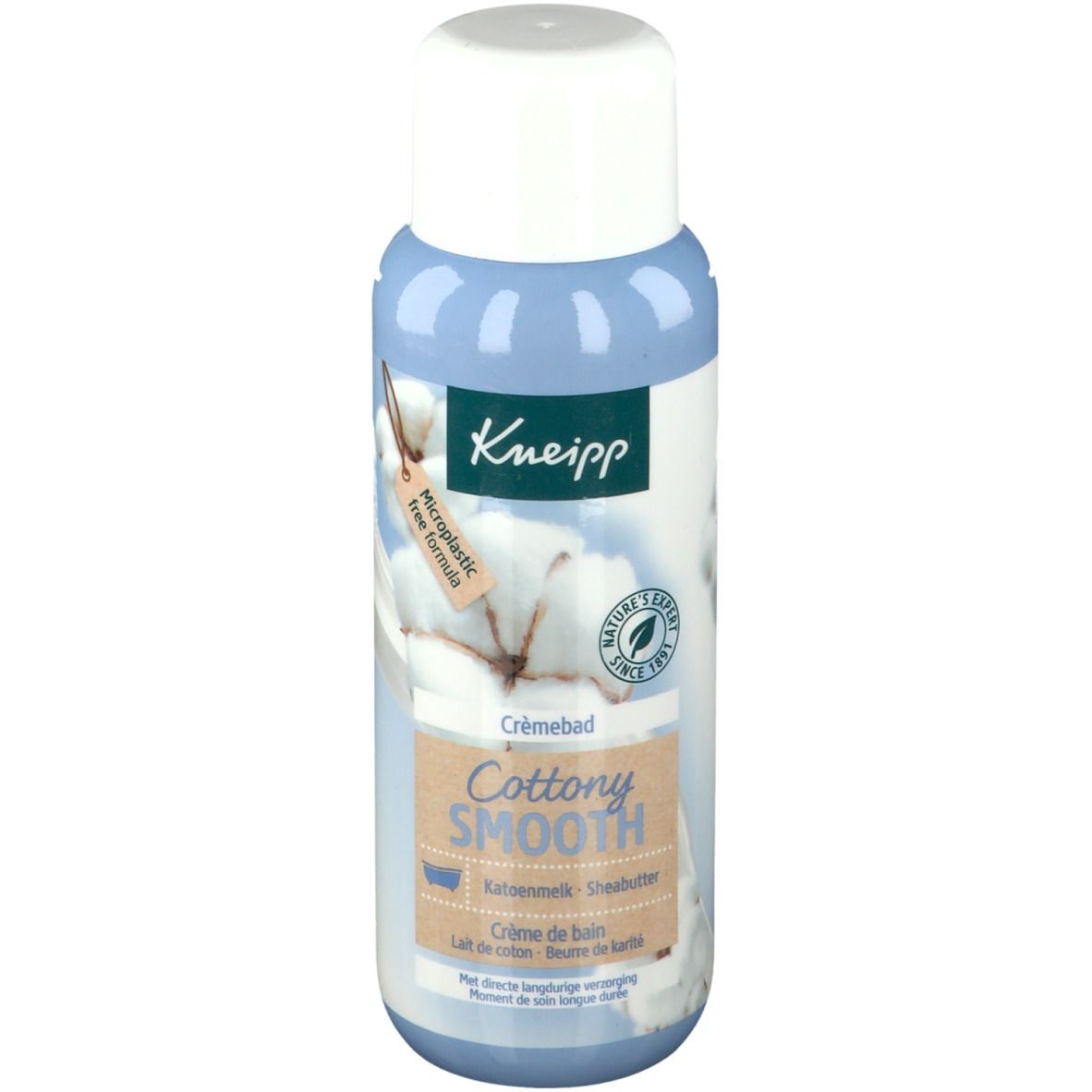 Blauw-witte fles met witte dop. Opschrift: Kneipp, Crèmebad Cottony Smooth. Katoen illustratie.