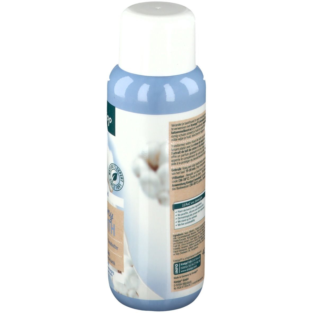 Achteraanzicht van de fles. Tekst in meerdere talen. Katoen illustratie. Groen logo met blad.