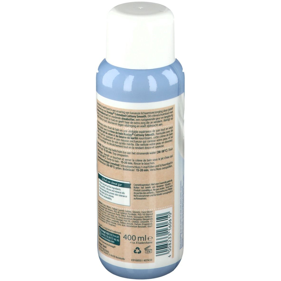 Achteraanzicht van de fles. Tekst in meerdere talen. Volume-aanduiding: 400 ml. Groen logo met blad.