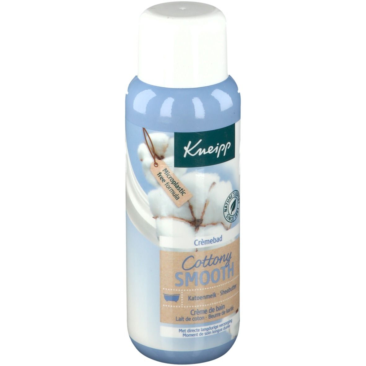 Blauw-witte fles met witte dop. Opschrift: Kneipp, Crèmebad Cottony Smooth. Katoen illustratie.