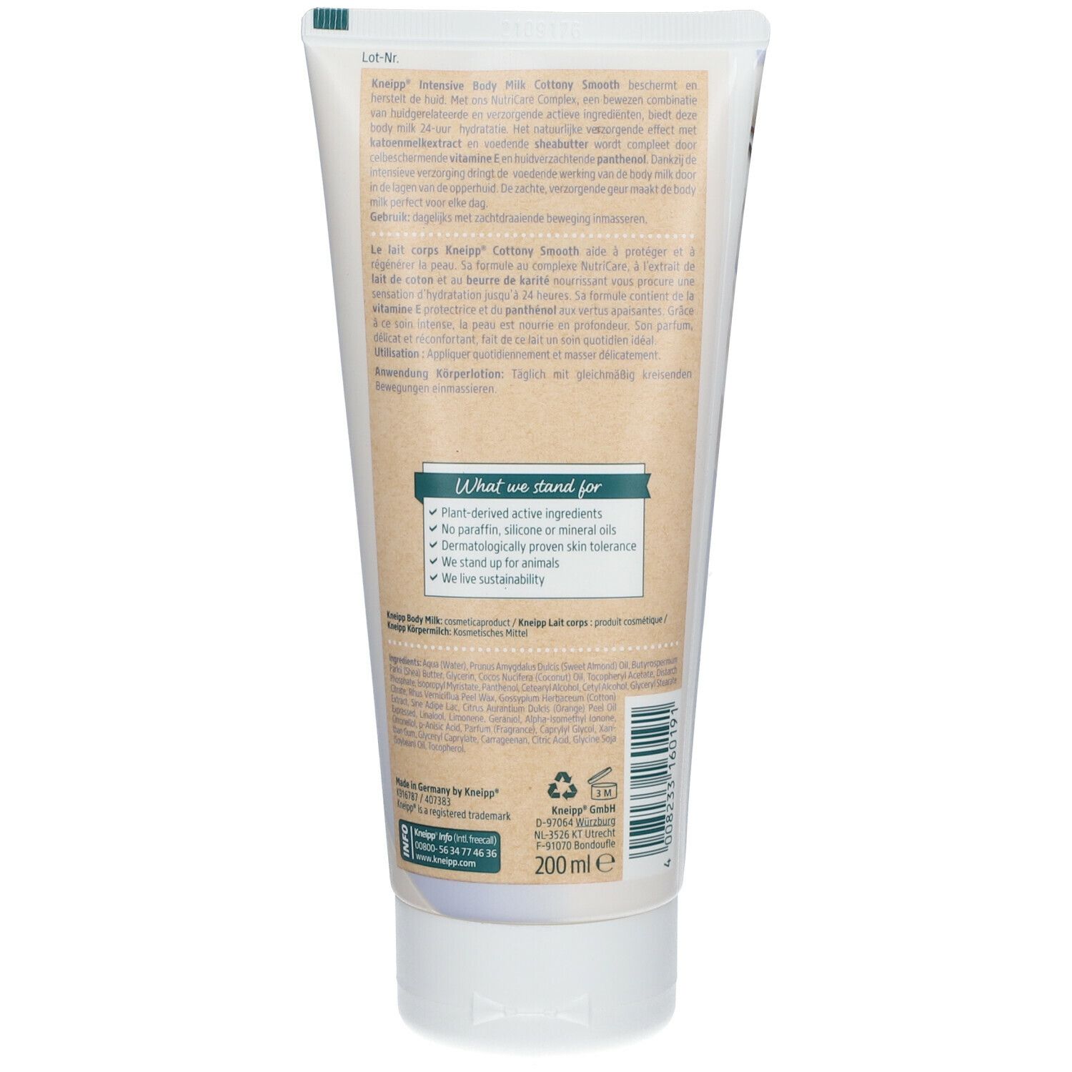 Tube body milk, achterkant. Tekst in het Duits, Engels, Frans en Nederlands. Lijst "What we stand for". 200 ml.