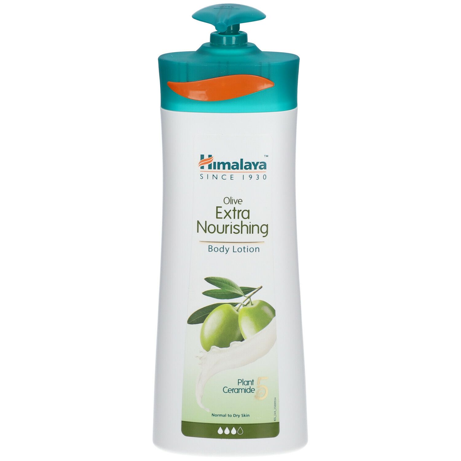 Wit-groene fles Himalaya Olive Extra Nourishing Body Lotion. Olijf-illustratie. Pompdop.