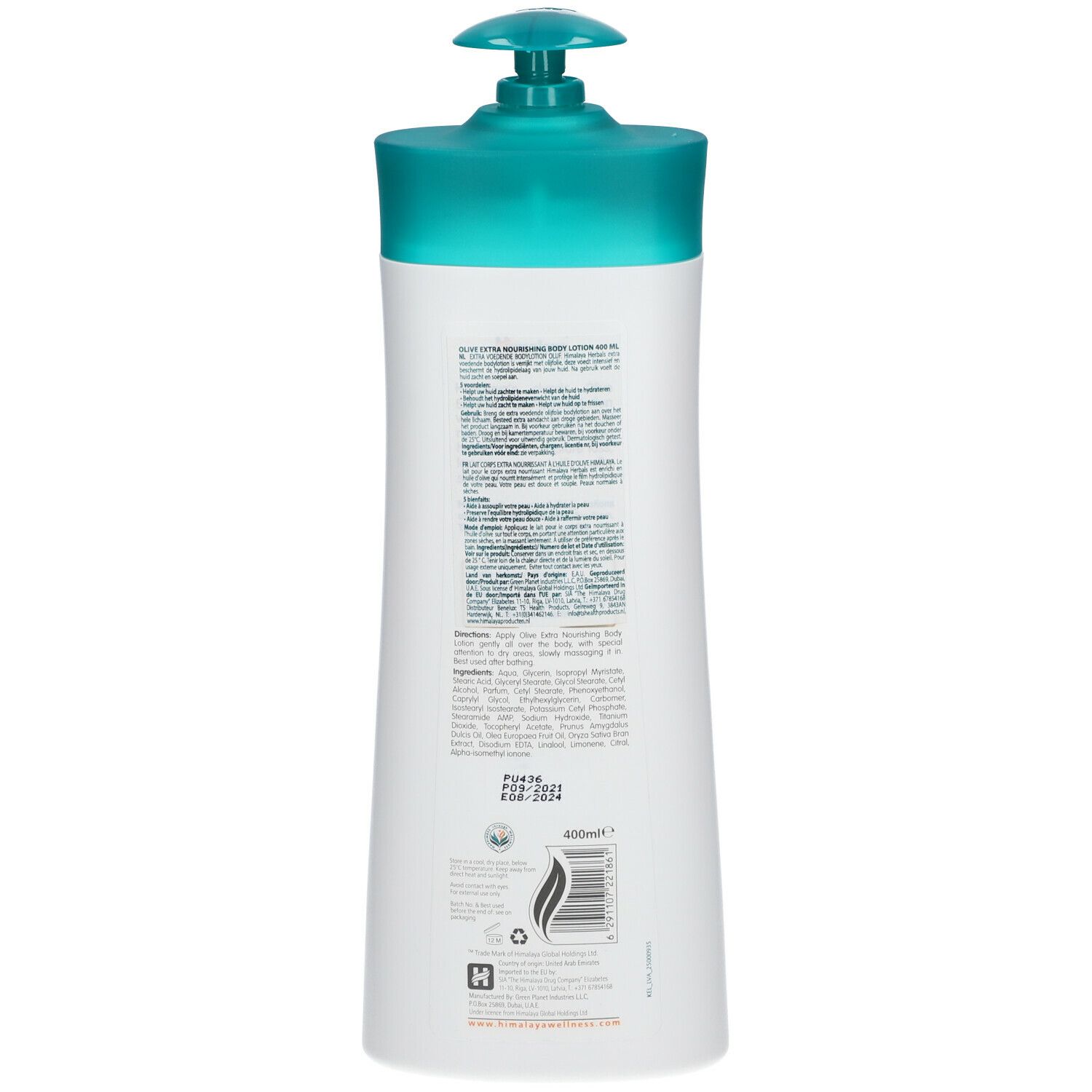 Achterkant van de Himalaya Olive Extra Nourishing Body Lotion fles. Tekstinformatie en ingrediënten.