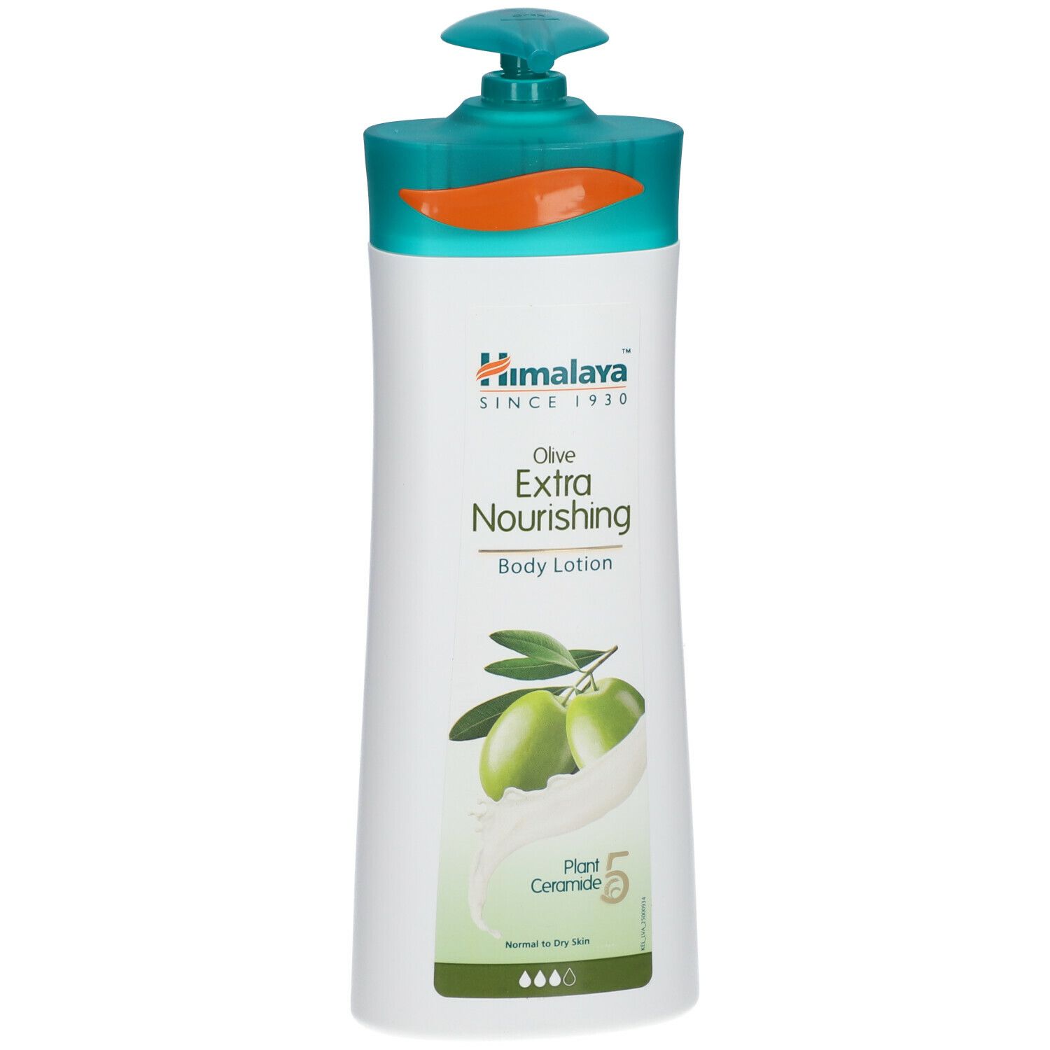 Wit-groene fles Himalaya Olive Extra Nourishing Body Lotion. Olijf-illustratie. Pompdop.