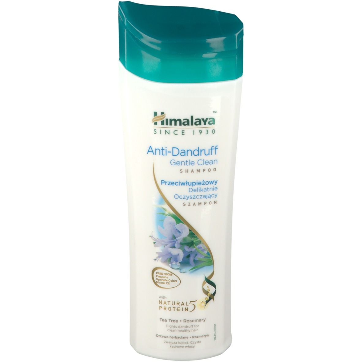 Himalaya Anti-Roos Shampoo. Witte fles met groene dop. Tekst: Anti-Dandruff, Gentle Clean. Met Natural Protein 5.