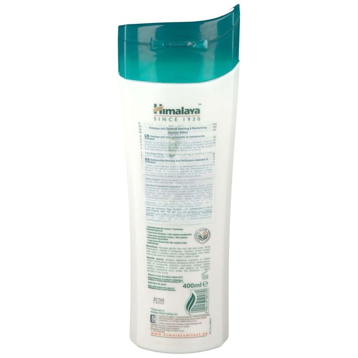 Achterkant van de Himalaya Anti-Roos Shampoo fles. Tekstinformatie in verschillende talen. Volume: 400ml.
