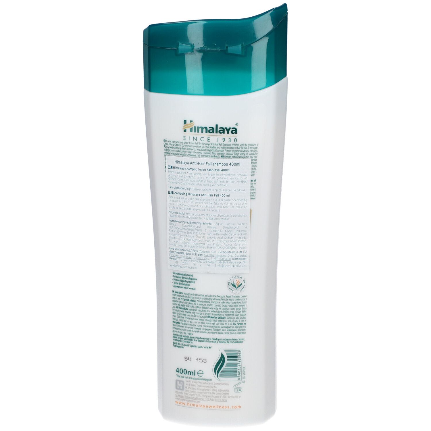 Rückseite der Shampoo-Flasche. Weiß, mit grünem Deckel. Text in mehreren Sprachen. 400ml.