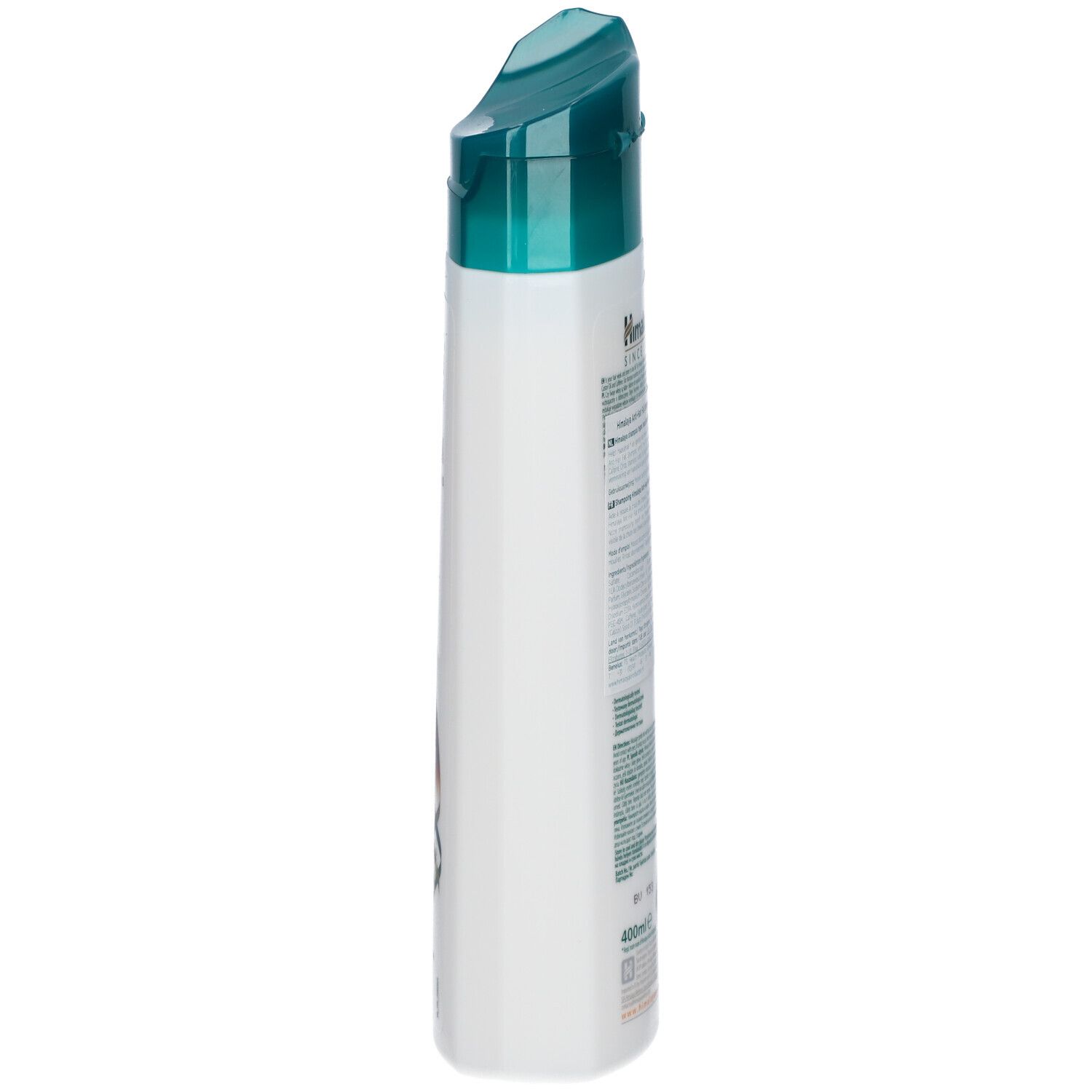 Seitenansicht der Shampoo-Flasche. Weiß, mit grünem Deckel. Aufschrift: Himalaya Anti-Hair Fall Shampoo.
