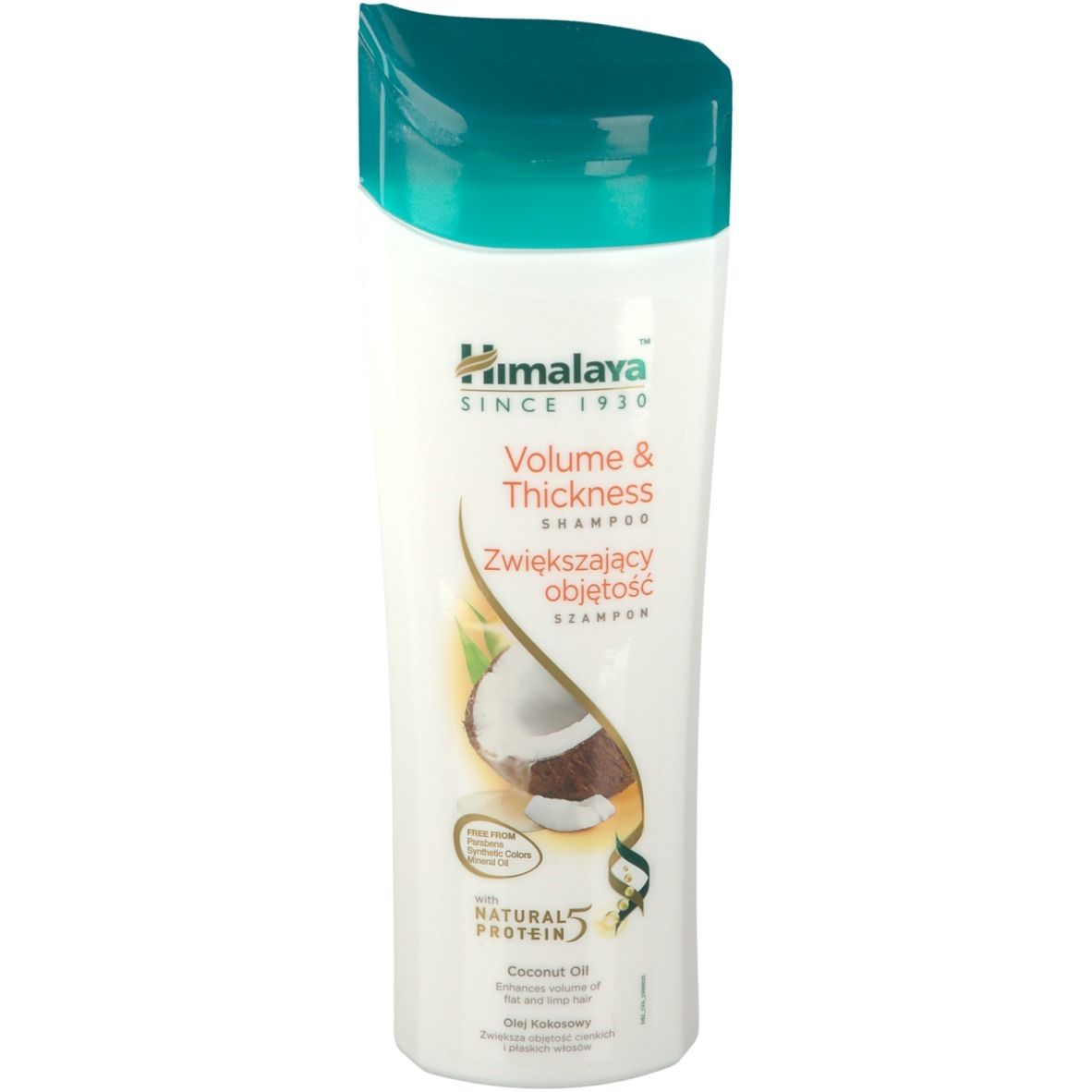 Weiß-grüne Shampoo-Flasche. Aufschrift: Himalaya, Volume & Thickness Shampoo. Kokosnuss-Abbildung. Mit natürlichem Protein.