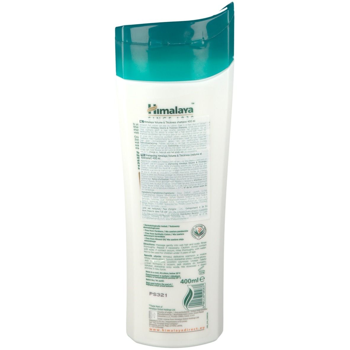 Rückseite der Shampoo-Flasche. Textinformationen in mehreren Sprachen. Volumenangabe: 400ml. Grüner Deckel.