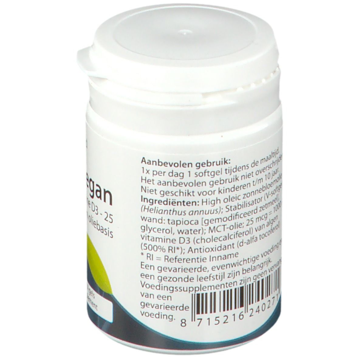 Witte pot, zijaanzicht. Opschrift: Springfield D3-Vegan, vitamine D3-25, plantaardig. Tekst over ingrediënten en gebruik.