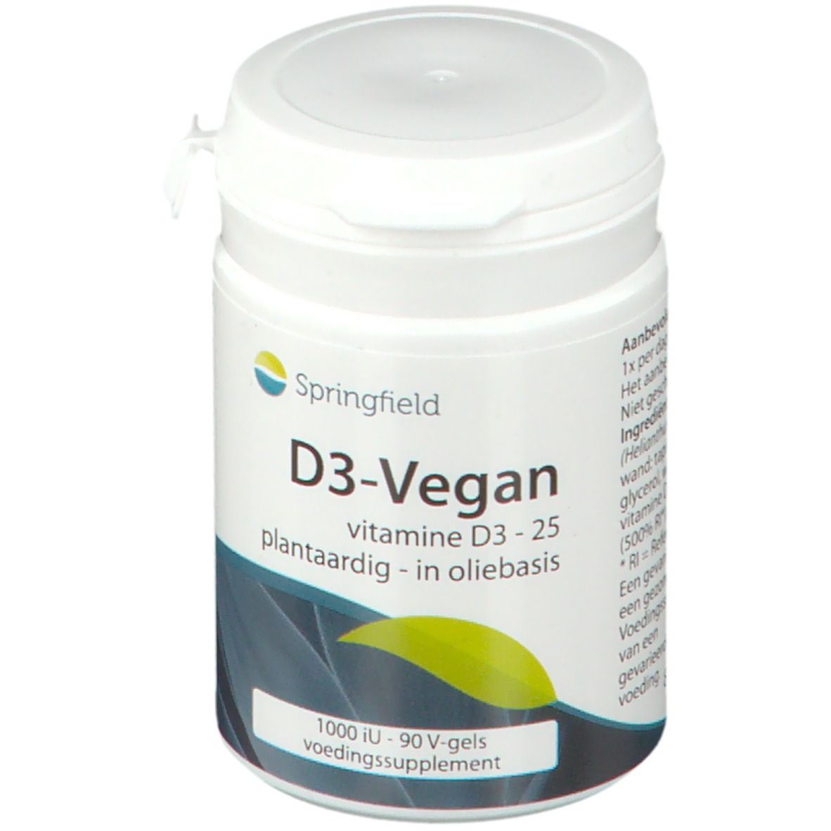 Witte pot met deksel. Opschrift: Springfield D3-Vegan, vitamine D3-25, plantaardig. Onderaan: 1000 IE - 90 V-gels.