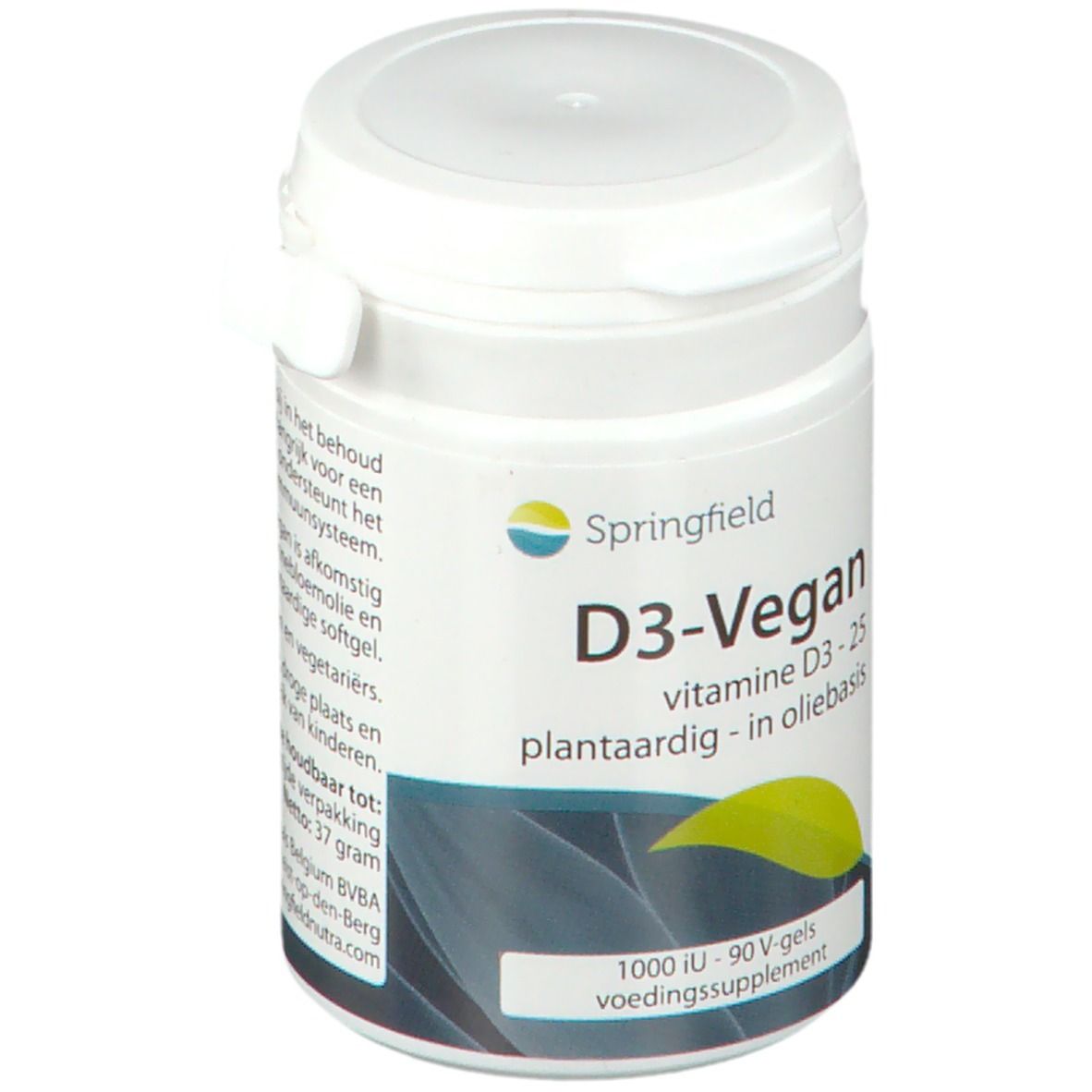 Witte pot met deksel. Opschrift: Springfield D3-Vegan, vitamine D3-25, plantaardig. Onderaan: 1000 IE - 90 V-gels.