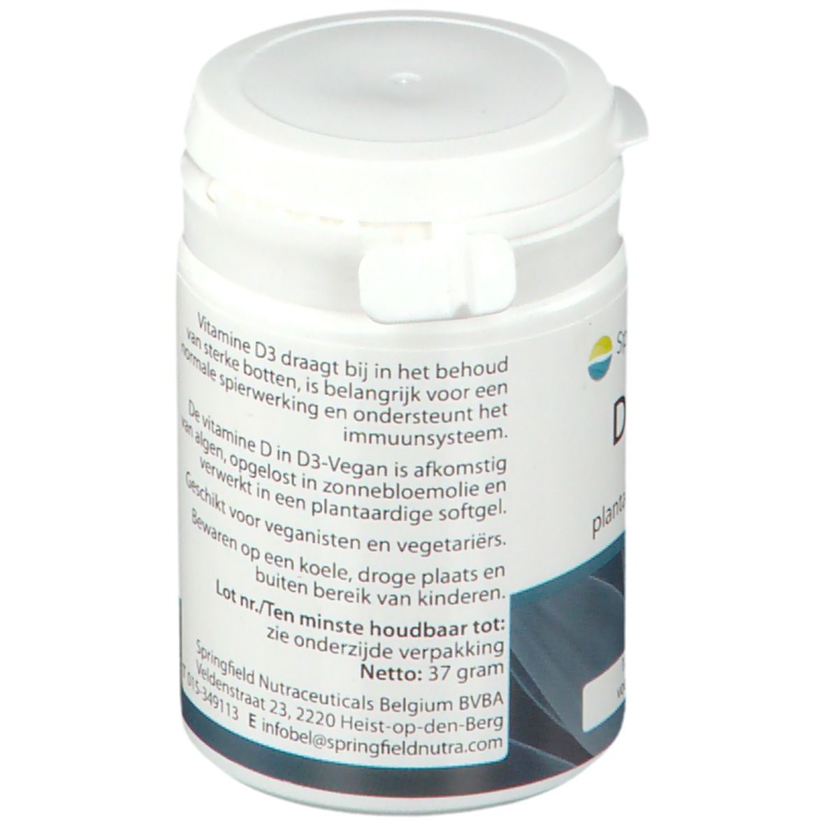 Witte pot, zijaanzicht. Opschrift: Springfield D3-Vegan, vitamine D3-25, plantaardig. Tekst over ingrediënten en gebruik.