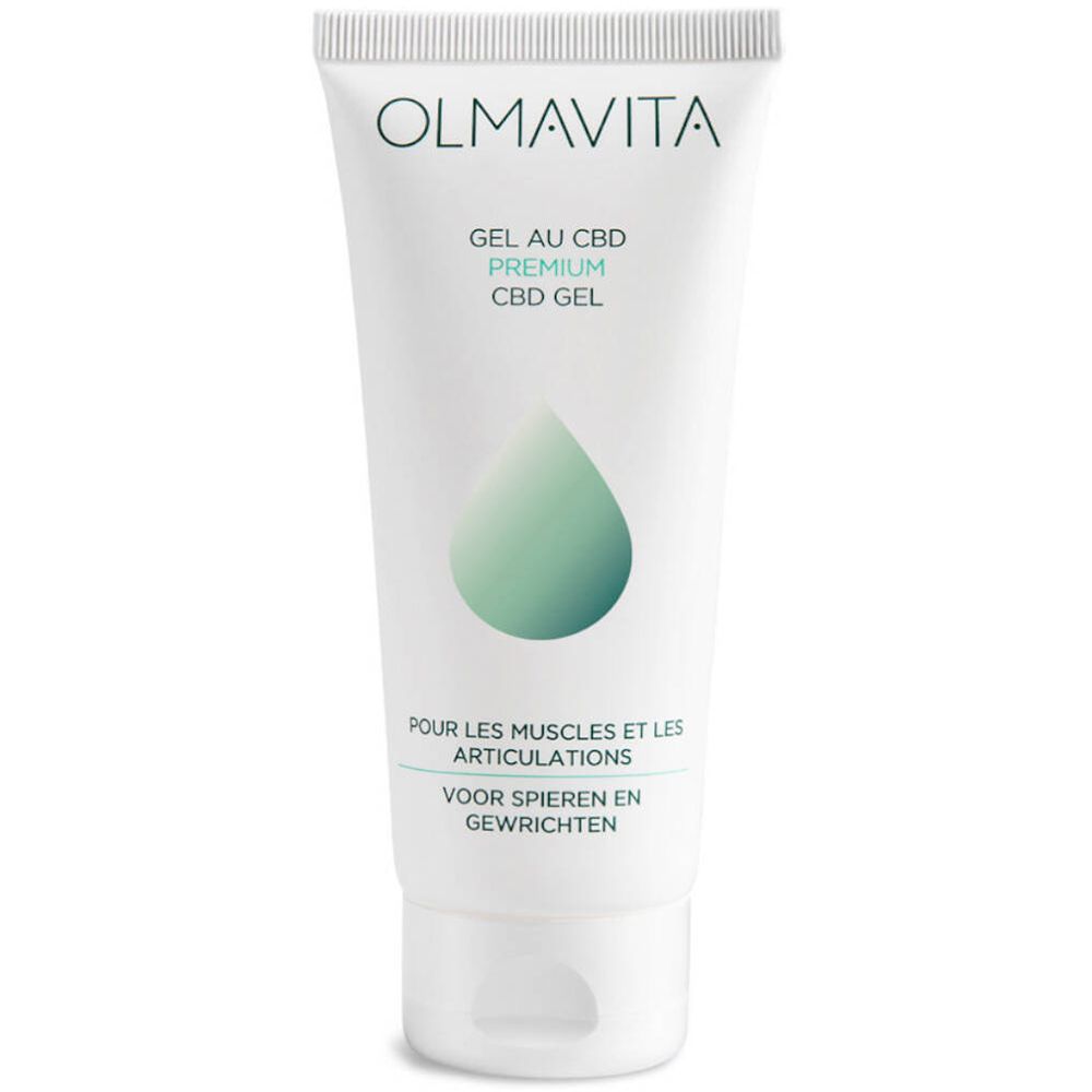 Weiße Tube mit grünem Tropfen-Logo. Text: OLMAVITA, CBD GEL, für Muskeln und Gelenke.