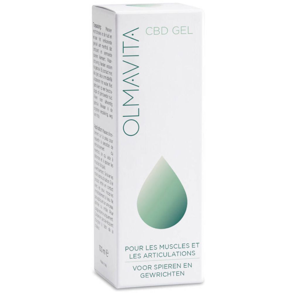 Weiße Schachtel mit grünem Tropfen-Logo. Text: OLMAVITA, CBD GEL, für Muskeln und Gelenke.
