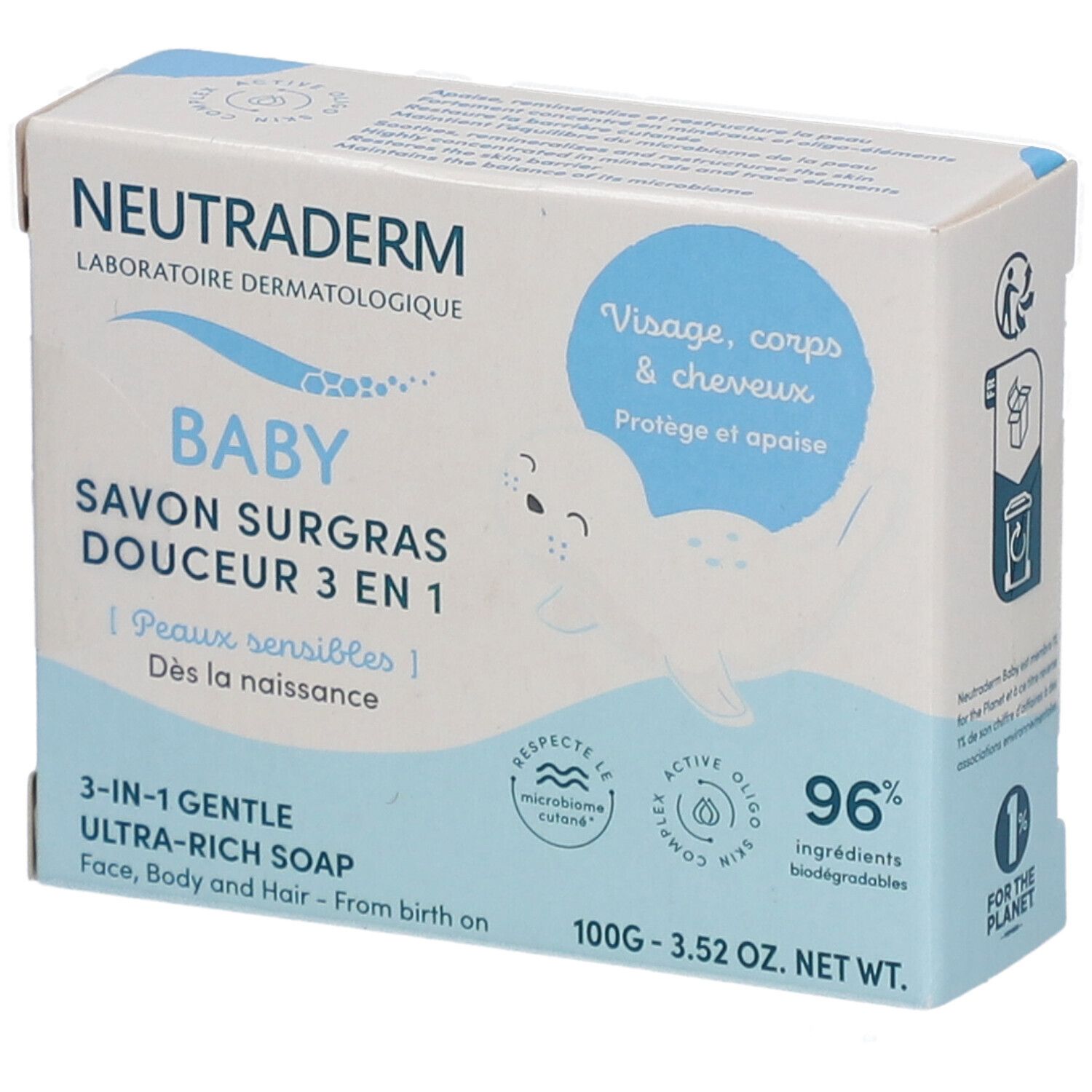 Neutroderm Baby Seife. Verpackung mit Produktnamen, Logo und Illustration. 96% biologisch abbaubar.