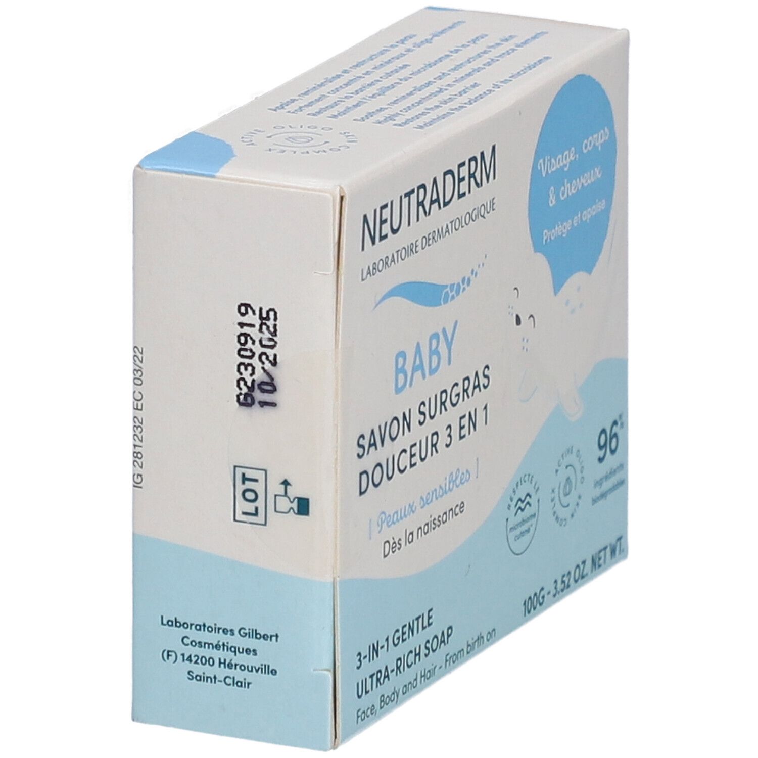 Neutroderm Baby Seife. Verpackung mit Produktnamen, Logo und Illustration. 96% biologisch abbaubar.