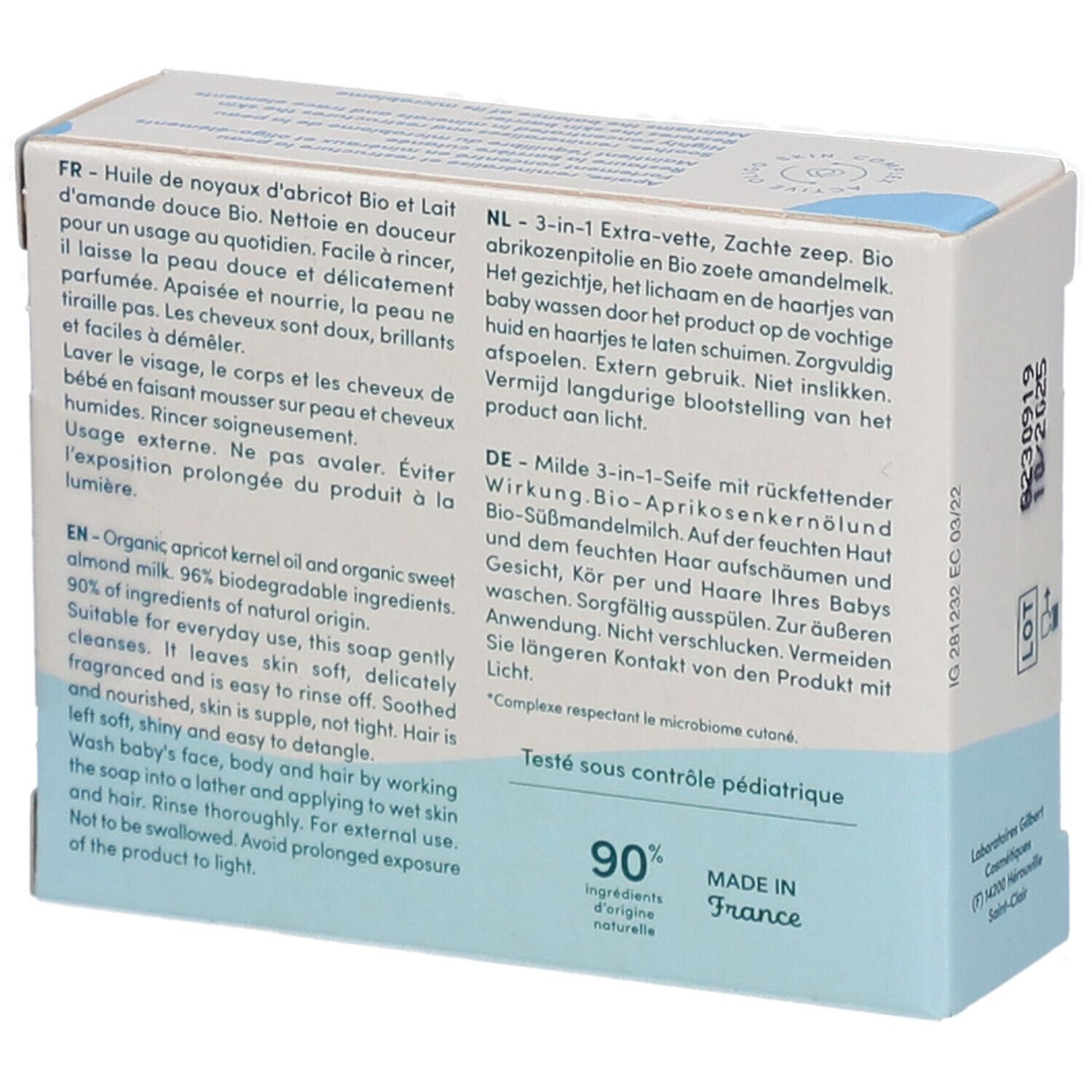 Rückseite der Neutroderm Baby Seifenverpackung. Text in mehreren Sprachen. 90% Inhaltsstoffe natürlichen Ursprungs.