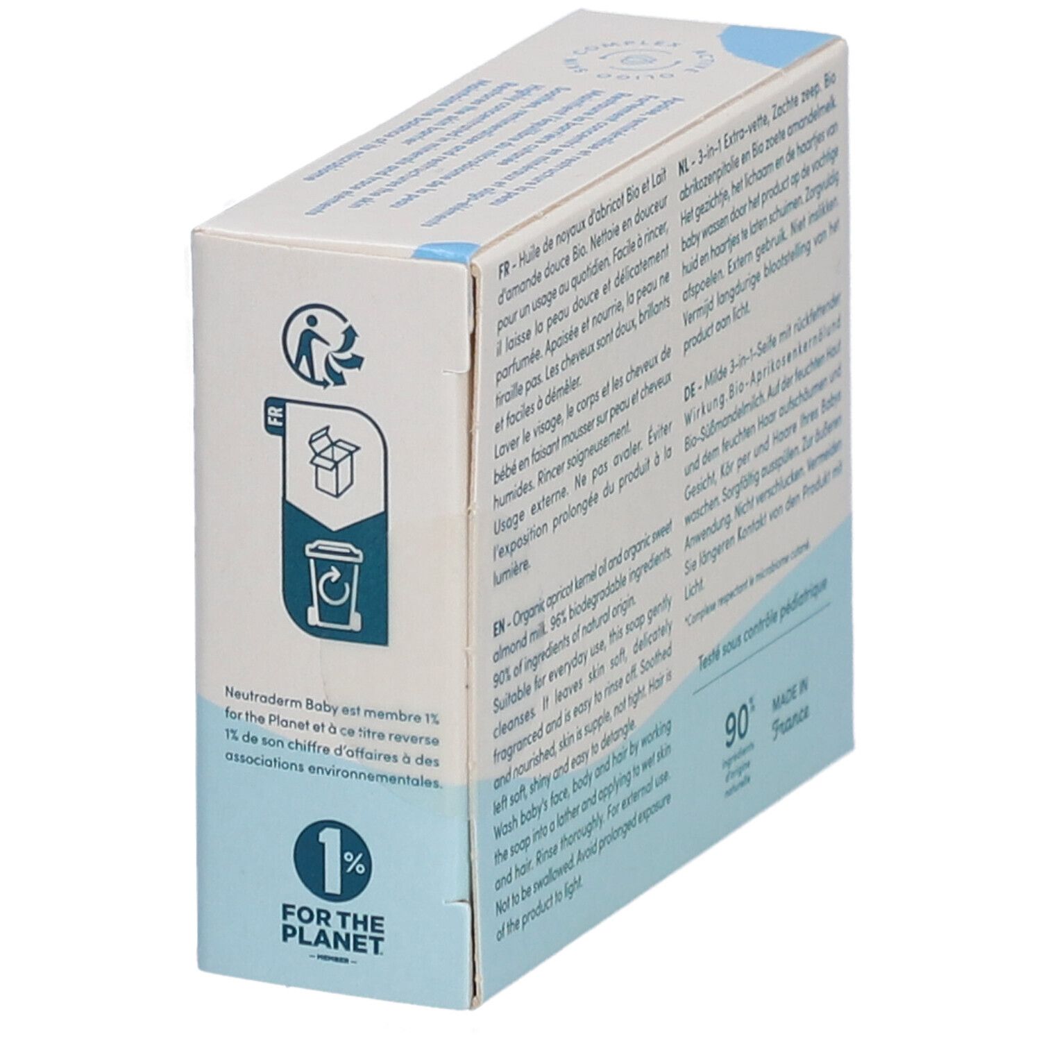 Seite der Neutroderm Baby Seifenverpackung. Recycling-Symbol und Text. 1% für den Planeten.