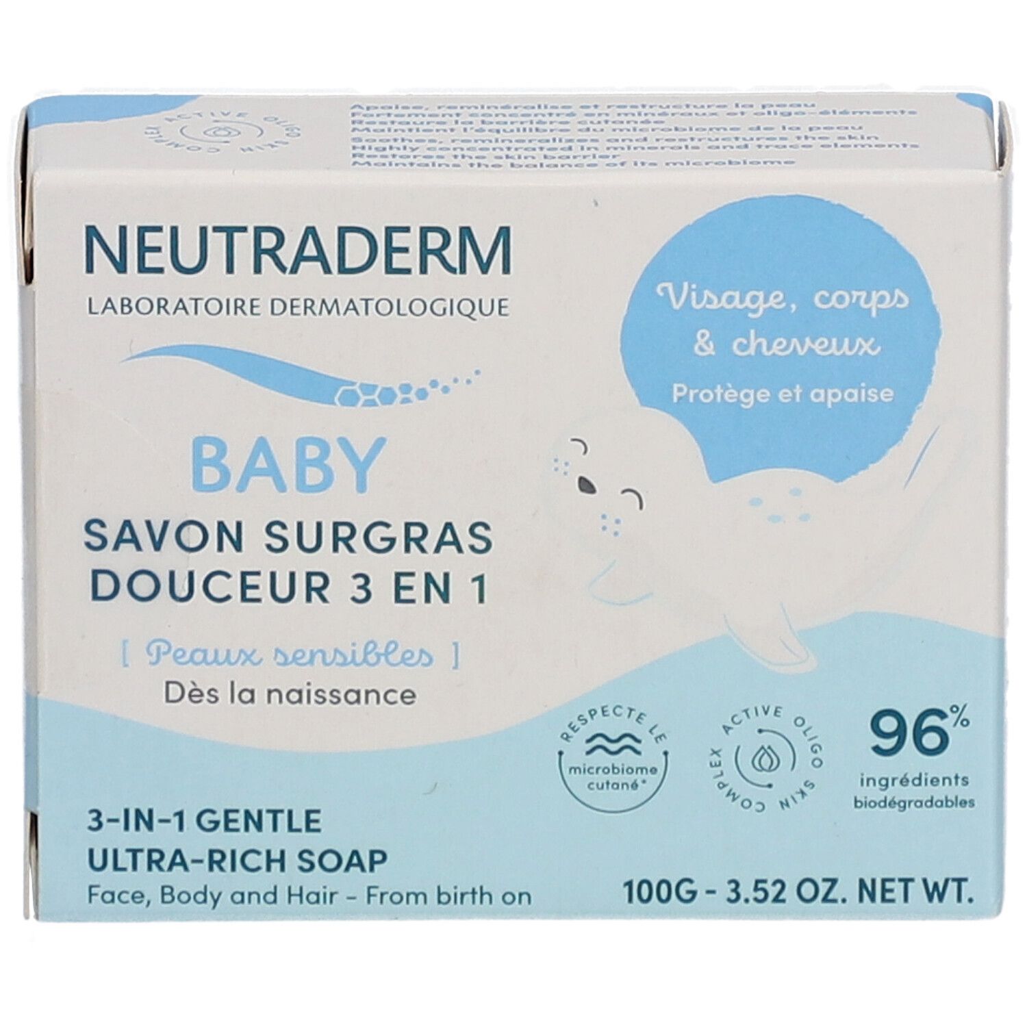 Neutroderm Baby Seife. Verpackung mit Produktnamen, Logo und Illustration. 96% biologisch abbaubar.