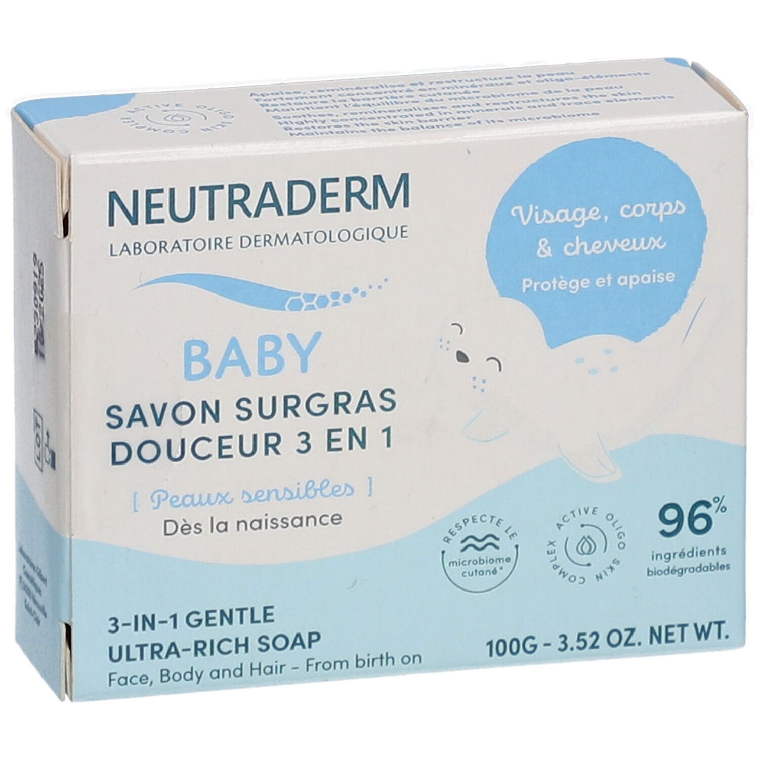 Neutroderm Baby Seife. Verpackung mit Produktnamen, Logo und Illustration. 96% biologisch abbaubar.