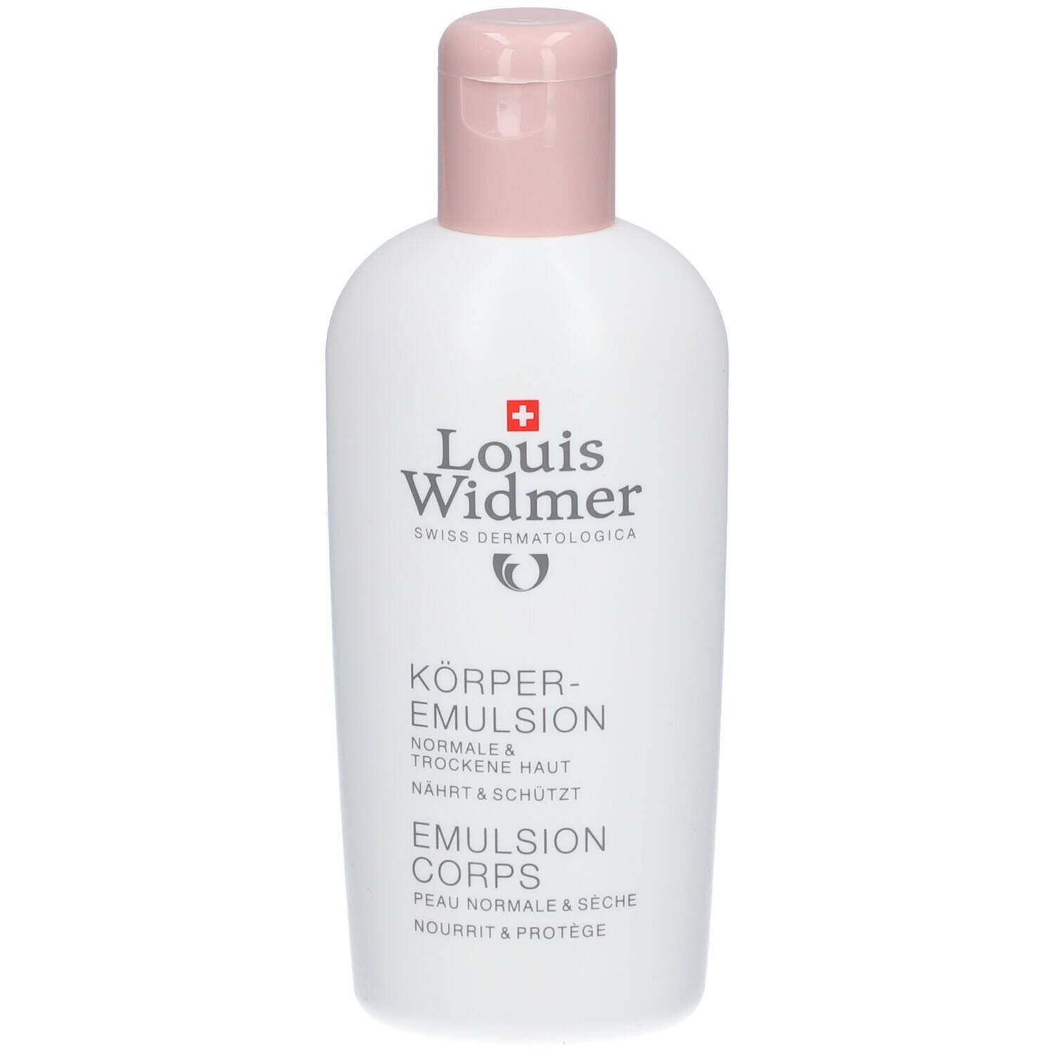 Flacon blanc avec bouchon rose. Inscription: Louis Widmer, Emulsion Corps, pour peaux normales et sèches.