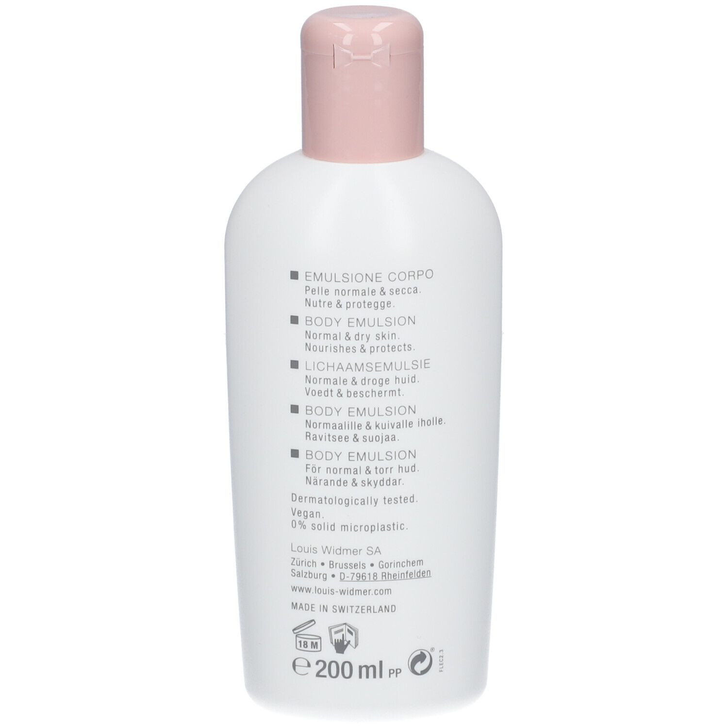 Dos du flacon blanc. Texte multilingue: Emulsion Corps, Body Emulsion, Lichaamsemulsie, Body Emulsion. 200 ml.