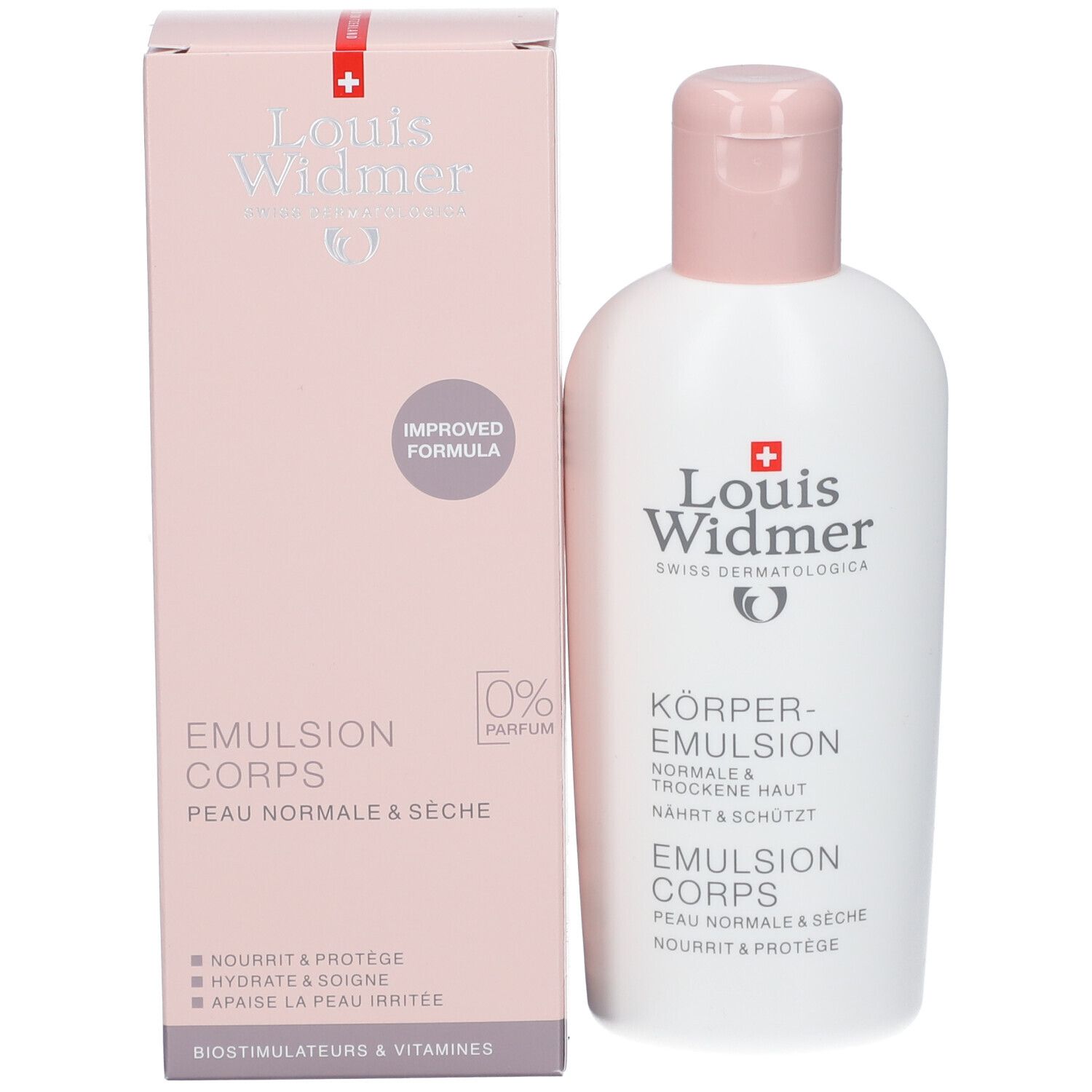 Emballage et flacon. Emballage rose avec texte blanc: Louis Widmer, Emulsion Corps. Flacon: flacon blanc avec bouchon rose.