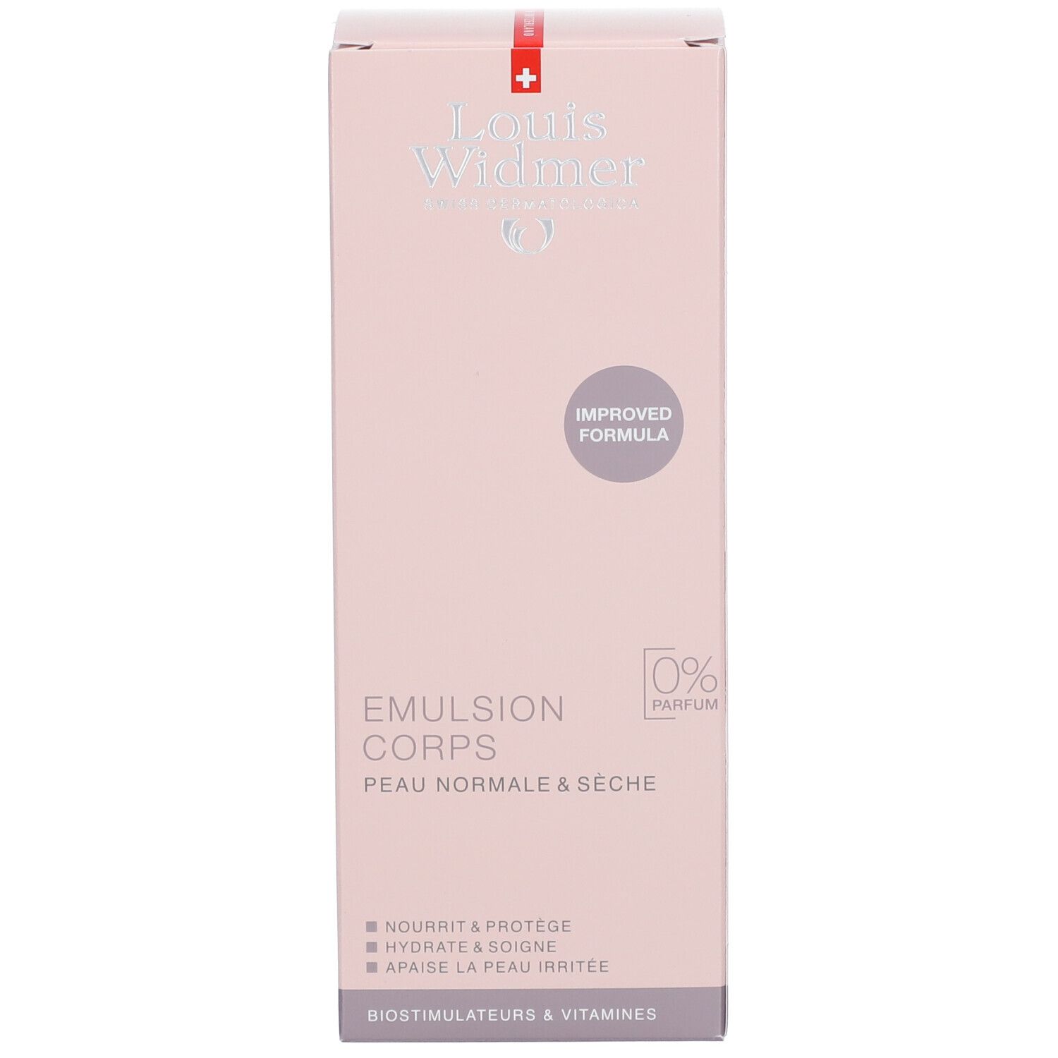 Emballage rose. Inscription: Louis Widmer, Emulsion Corps, pour peaux normales et sèches. Avec impression: 0% Parfum.