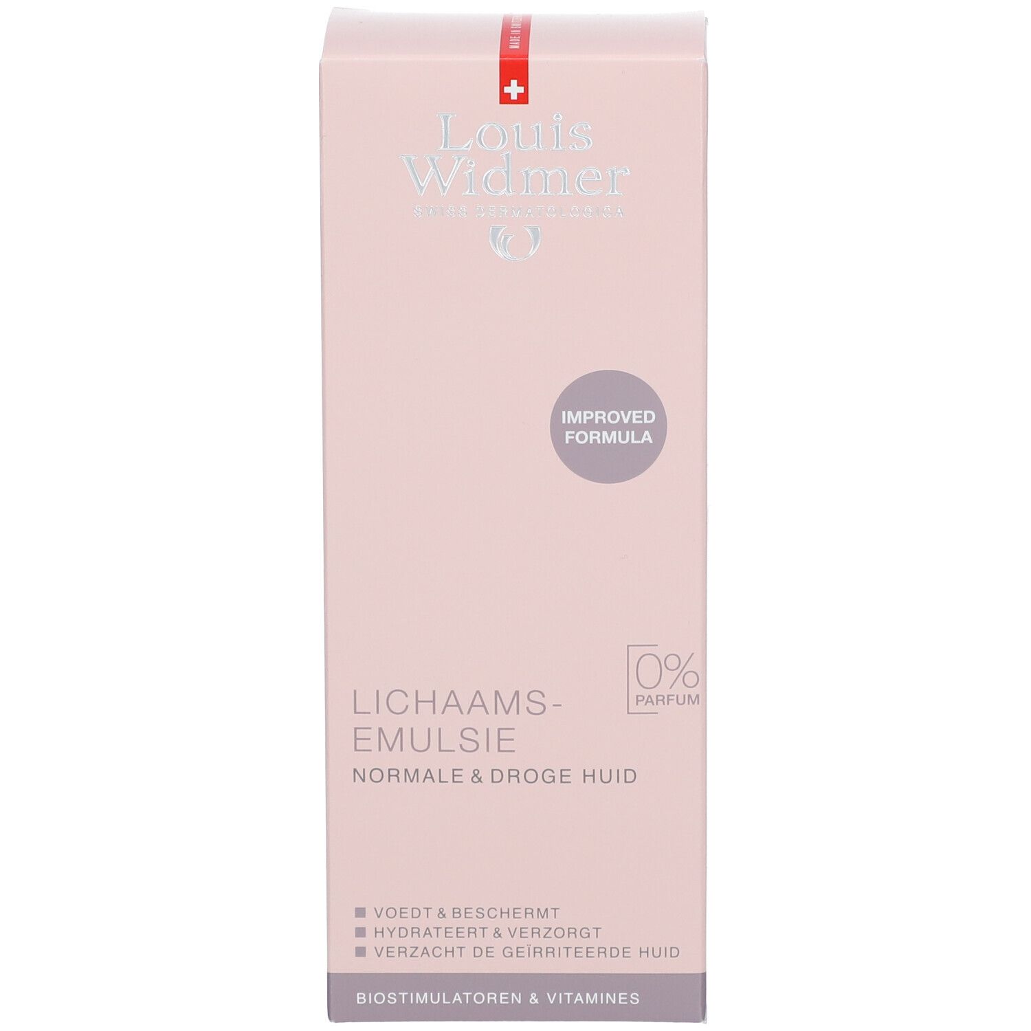 Emballage rose. Inscription: Louis Widmer, Lichaams-emulsie, pour peaux normales et sèches. Avec impression: 0% Parfum.