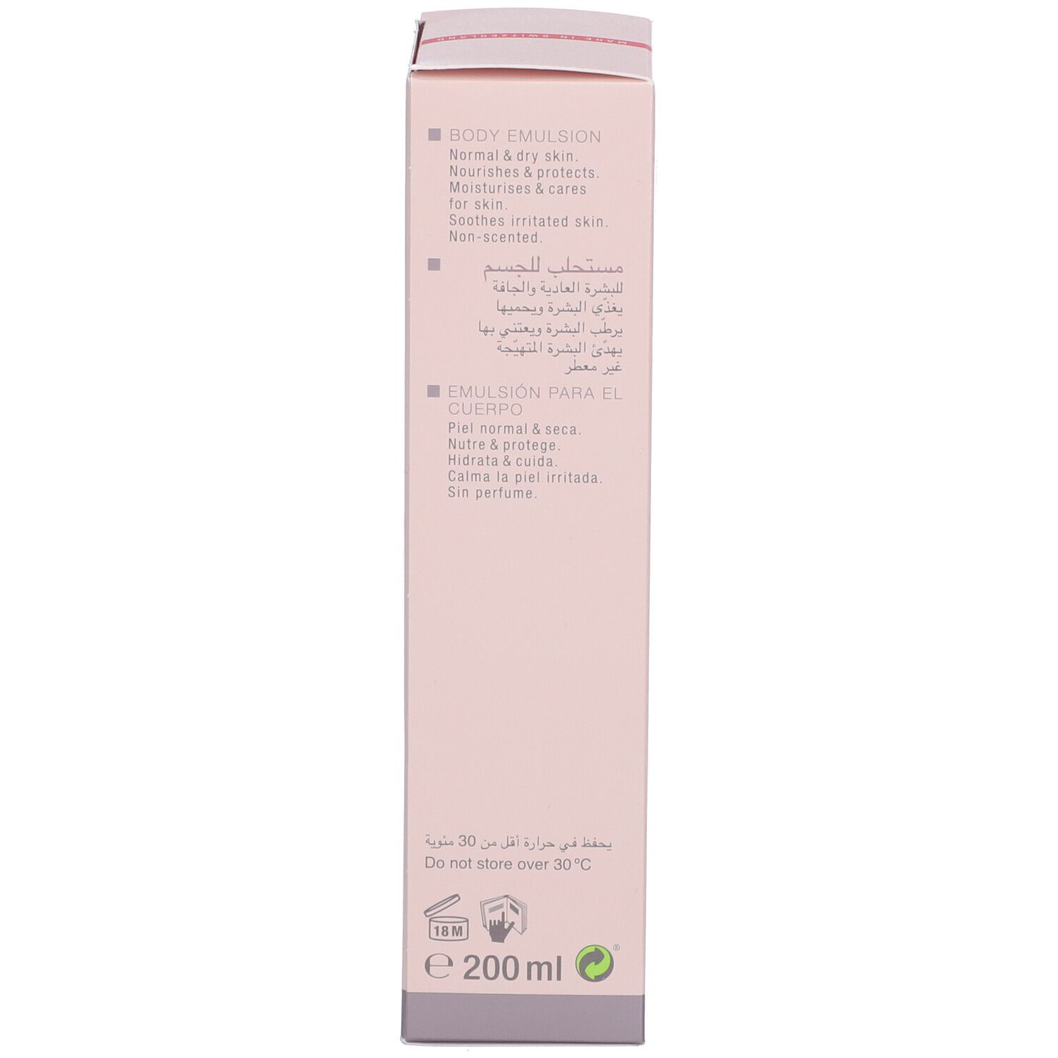 Dos de l'emballage. Texte multilingue: Body Emulsion, Emulsión para el cuerpo. 200 ml. Ne pas conserver au-dessus de 30°C.