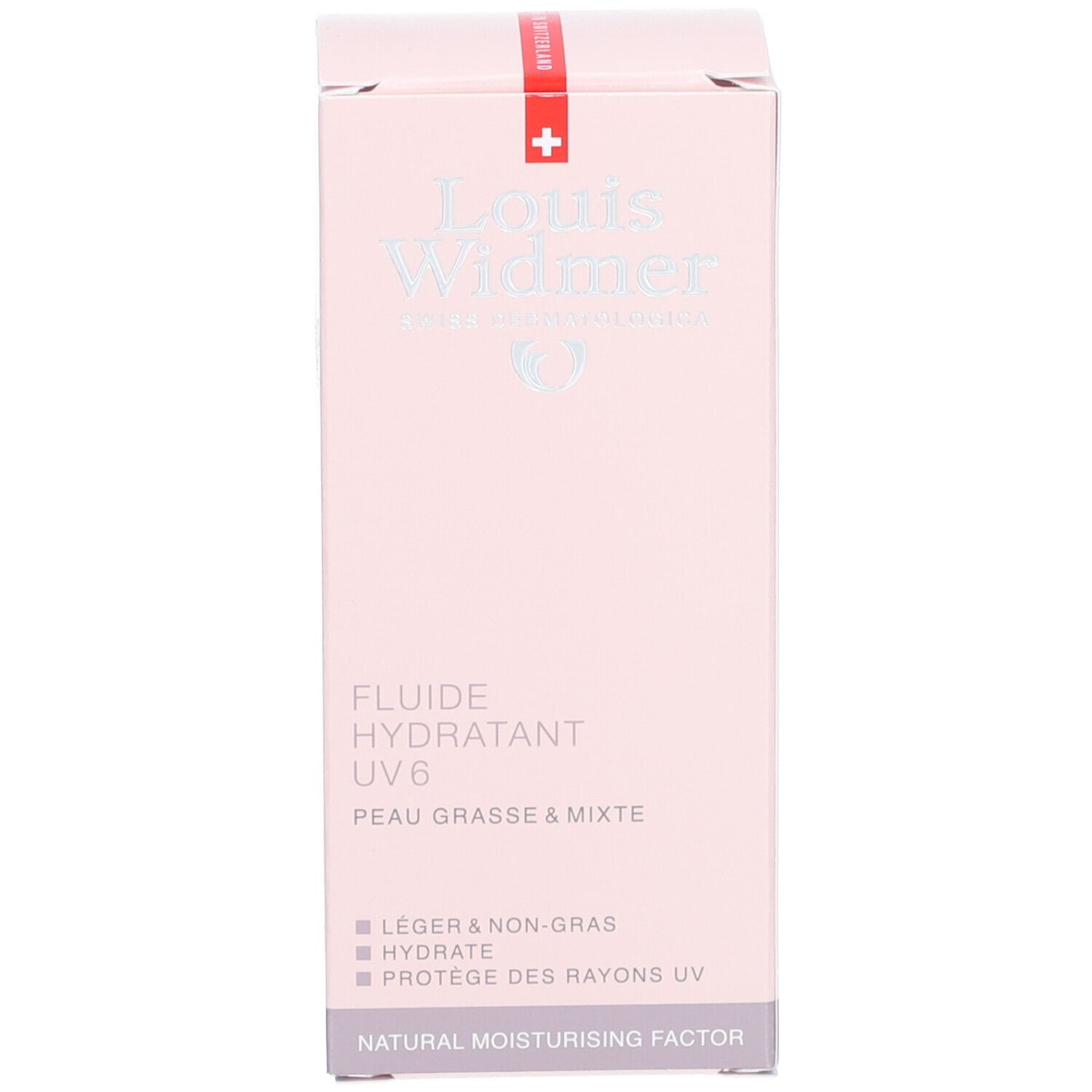 Produktverpackung. Rosa Karton mit Produktnamen und Logo. Text: Fluide Hydratant UV6.