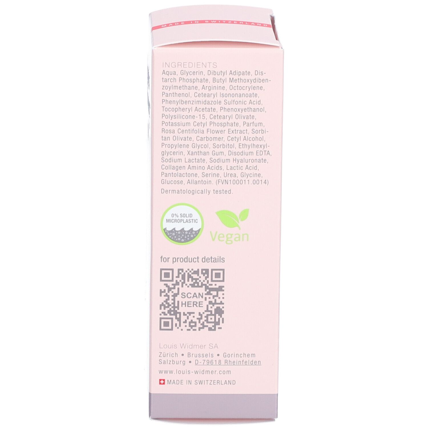 Rückseite der Produktverpackung. Inhaltsstoffe, QR-Code, Logo: 0% Mikroplastik, Vegan, Made in Switzerland.