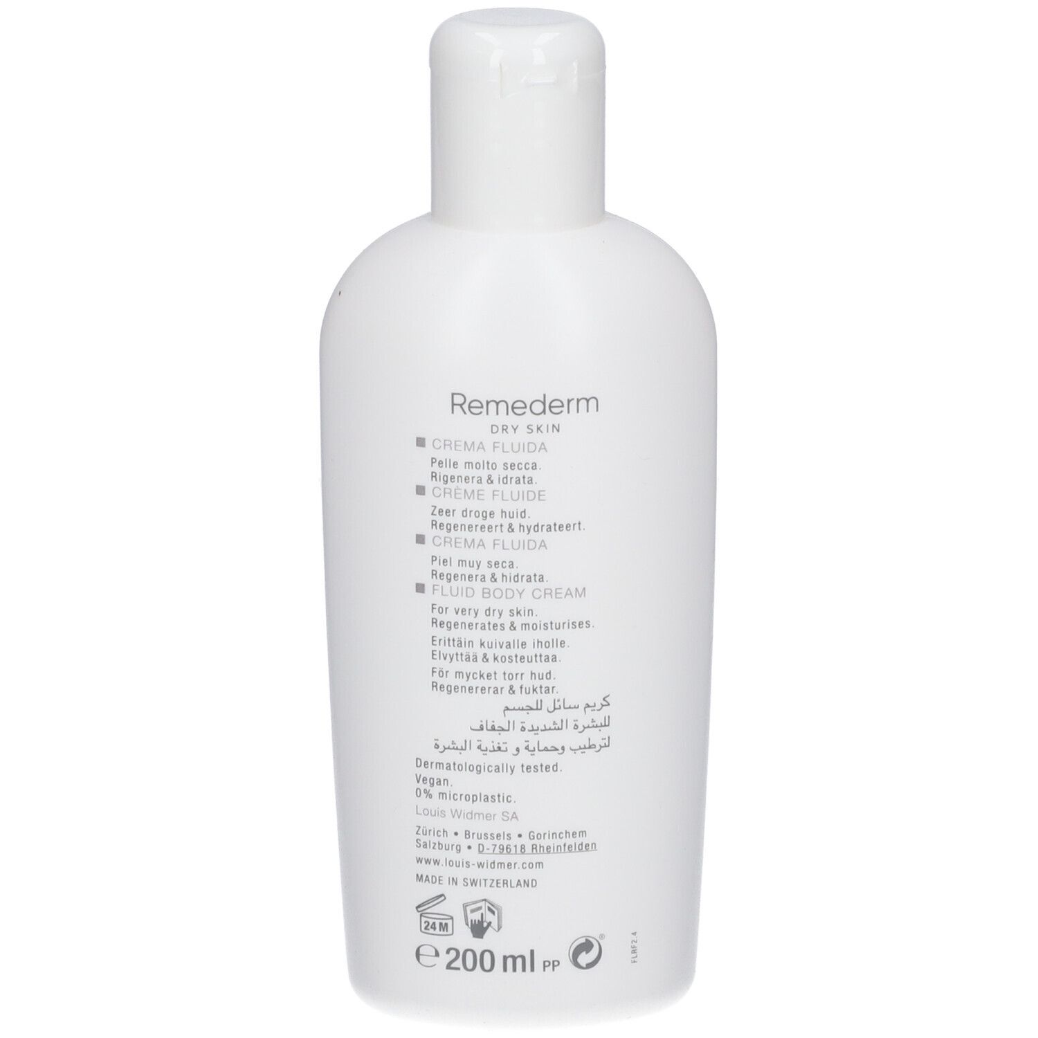Witte fles met productinformatie. Tekst: Remederm Dry Skin, Crème Fluide, 200 ml. Vegan.