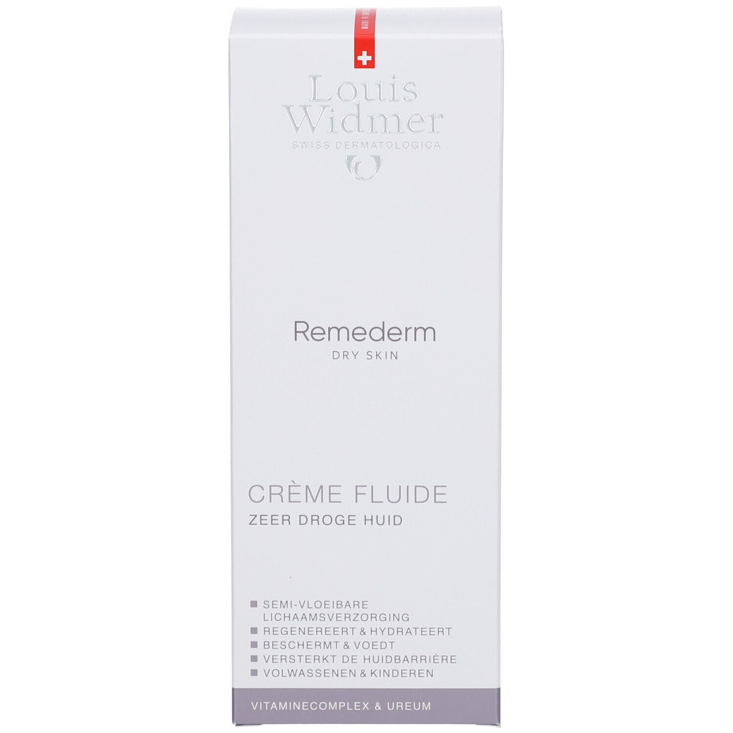 Productverpakking. Tekst: Louis Widmer, Remederm Dry Skin, Crème Fluide, voor zeer droge huid.