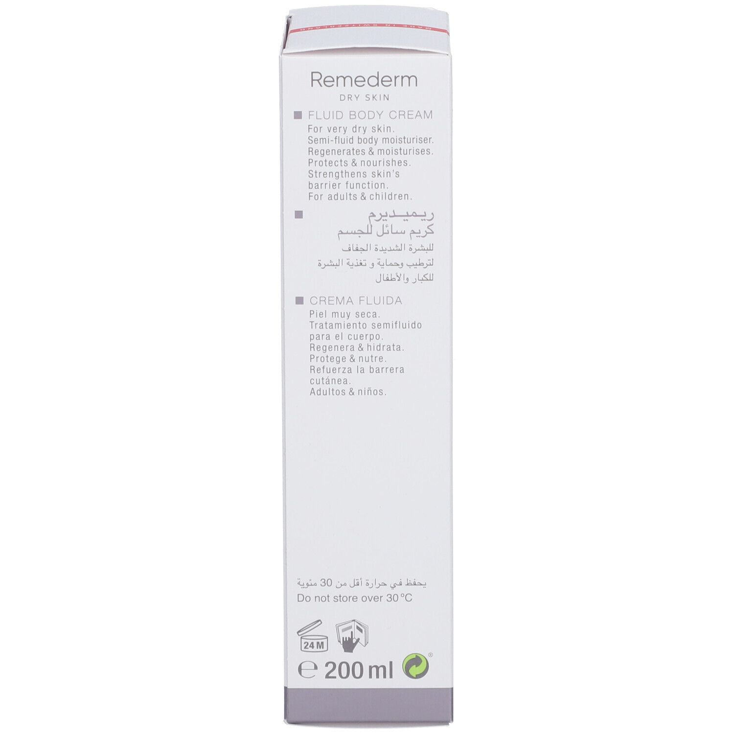 Productverpakking. Tekst: Remederm Dry Skin, Crème Fluide, 200 ml. Vegan. Niet bewaren boven 30°C.