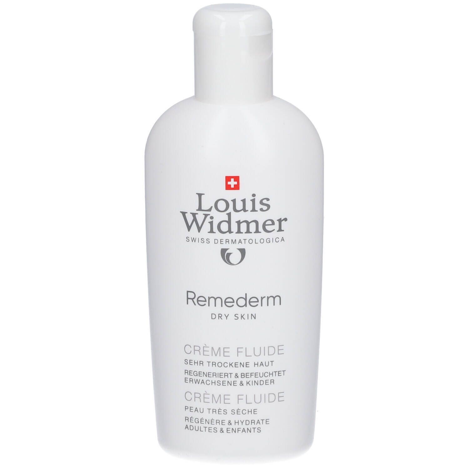 Flacon blanc avec logo Louis Widmer et nom du produit Remederm Crème Fluide.